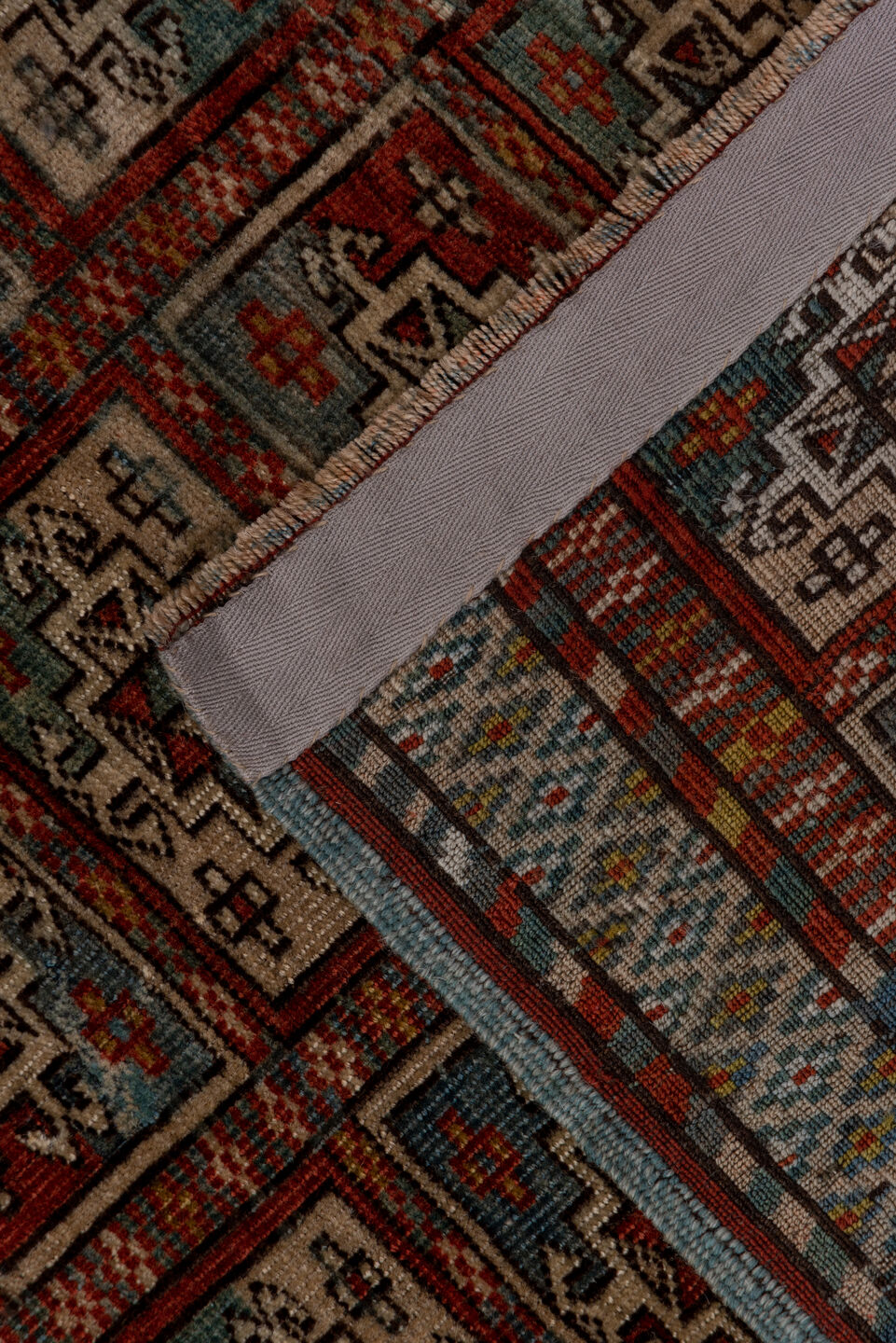 3' x 6' one-of-a-kind handmade vintage Bokara runner rug. Color palette: black, brown, charcoal, dim gray, gray, pink, red