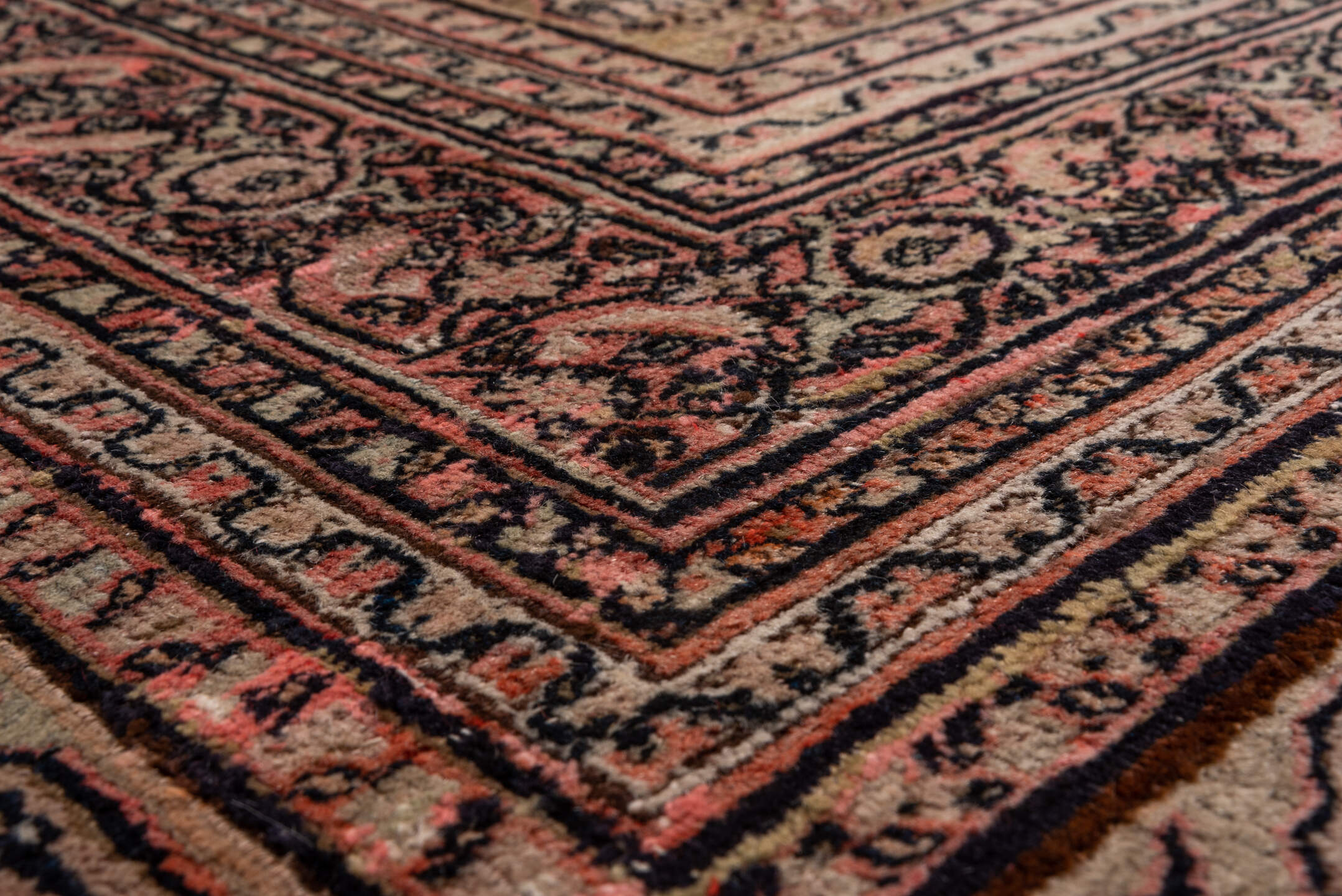 13' x 15' one-of-a-kind handmade antique Khorassan oversize rug. Color palette: rose, ivory, dusty pink, taupe, charcoal