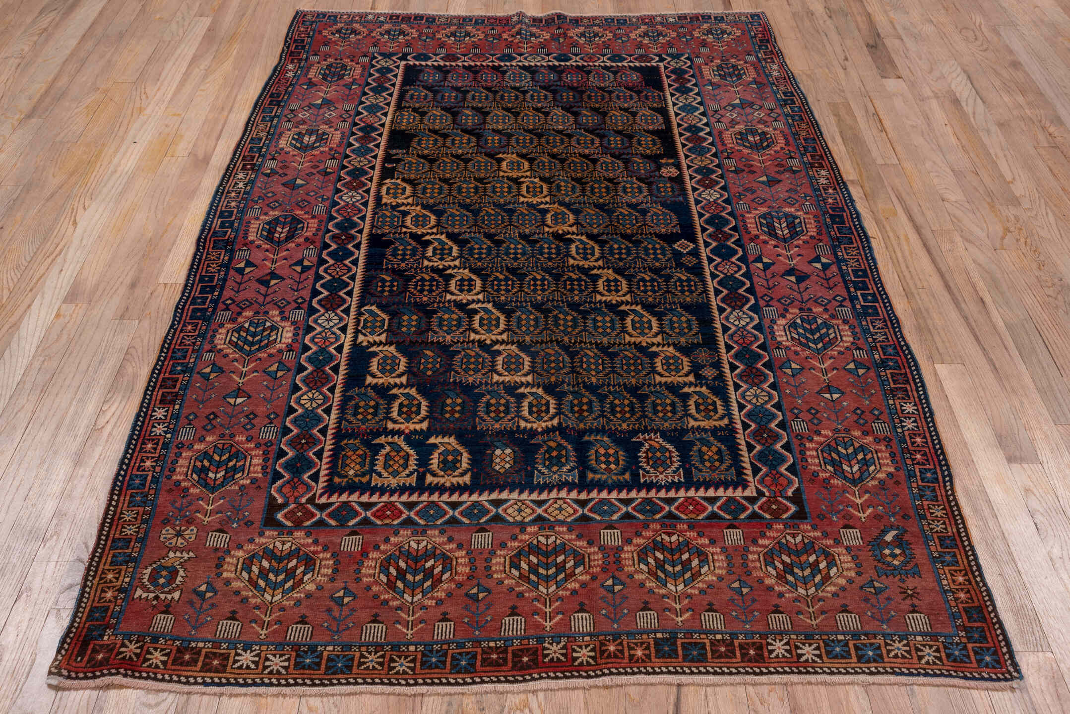 3' x 9' one-of-a-kind handmade vintage Kilim runner rug. Color palette: navy, rust, terracotta, ivory, indigo, camel
