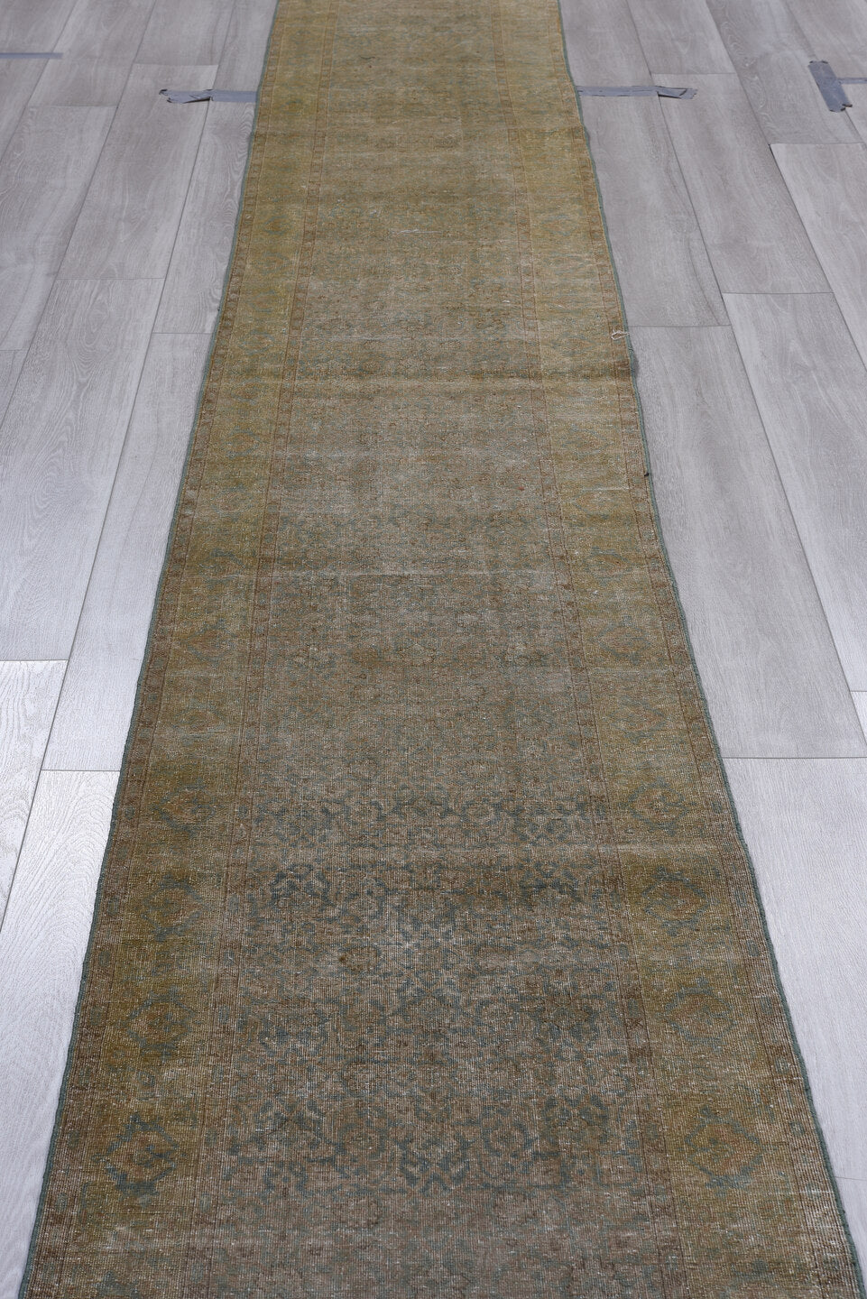 2' x 15' one-of-a-kind handmade antique Tabriz runner rug. Color palette: taupe, brown, sage, slate, beige, gray, green