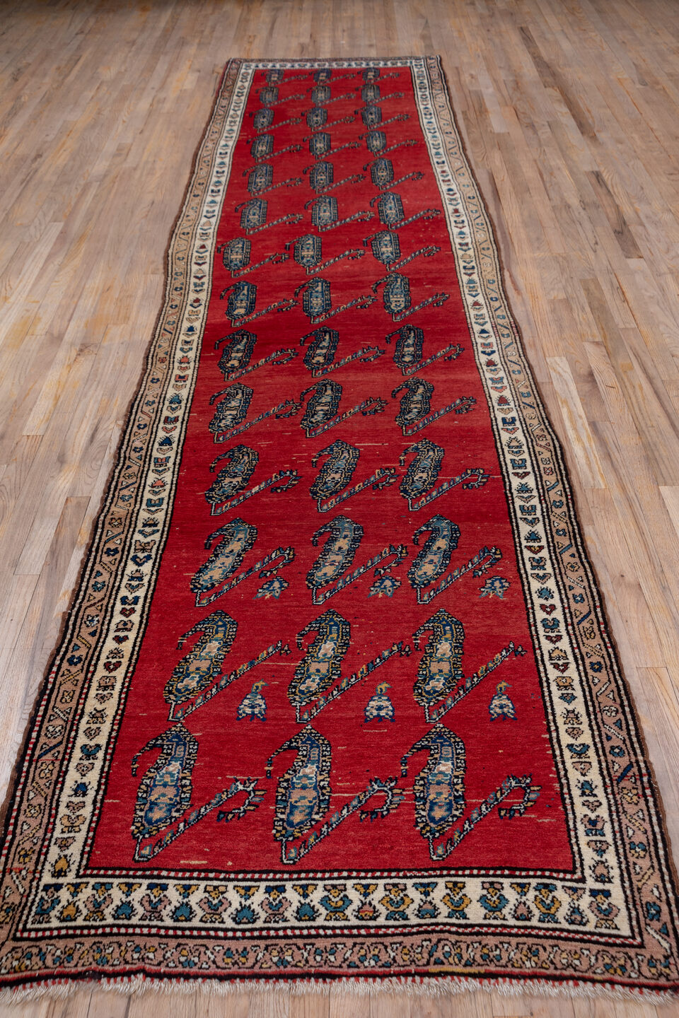 3' x 14' one-of-a-kind handmade vintage Malayer runner rug. Color palette: blue, brown, gray, pink, red