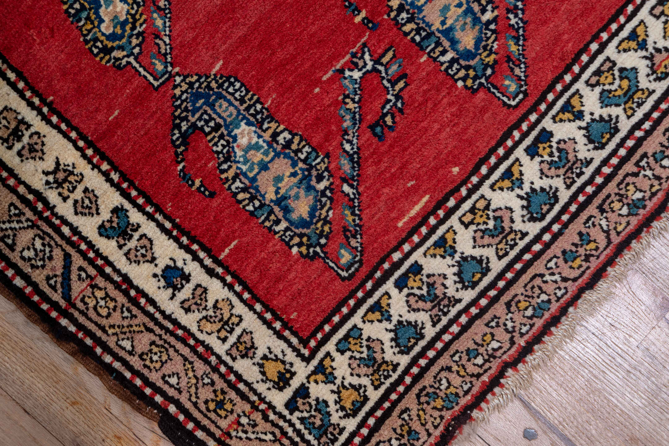 3' x 14' one-of-a-kind handmade vintage Malayer runner rug. Color palette: blue, brown, gray, pink, red