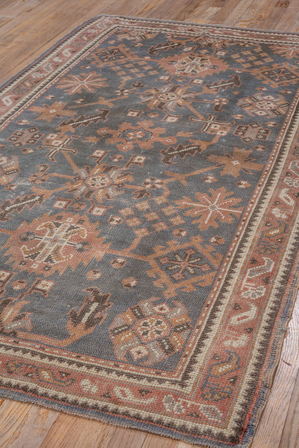 4' x 7' one-of-a-kind handmade antique Oushak rug. Color palette: slate, terra cotta, taupe, camel, ivory, charcoal, rose