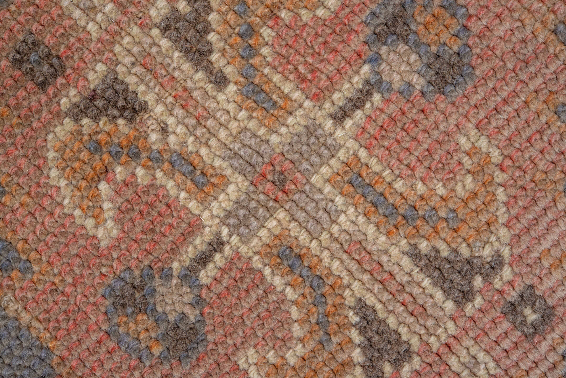 4' x 7' one-of-a-kind handmade antique Oushak rug. Color palette: slate, terra cotta, taupe, camel, ivory, charcoal, rose
