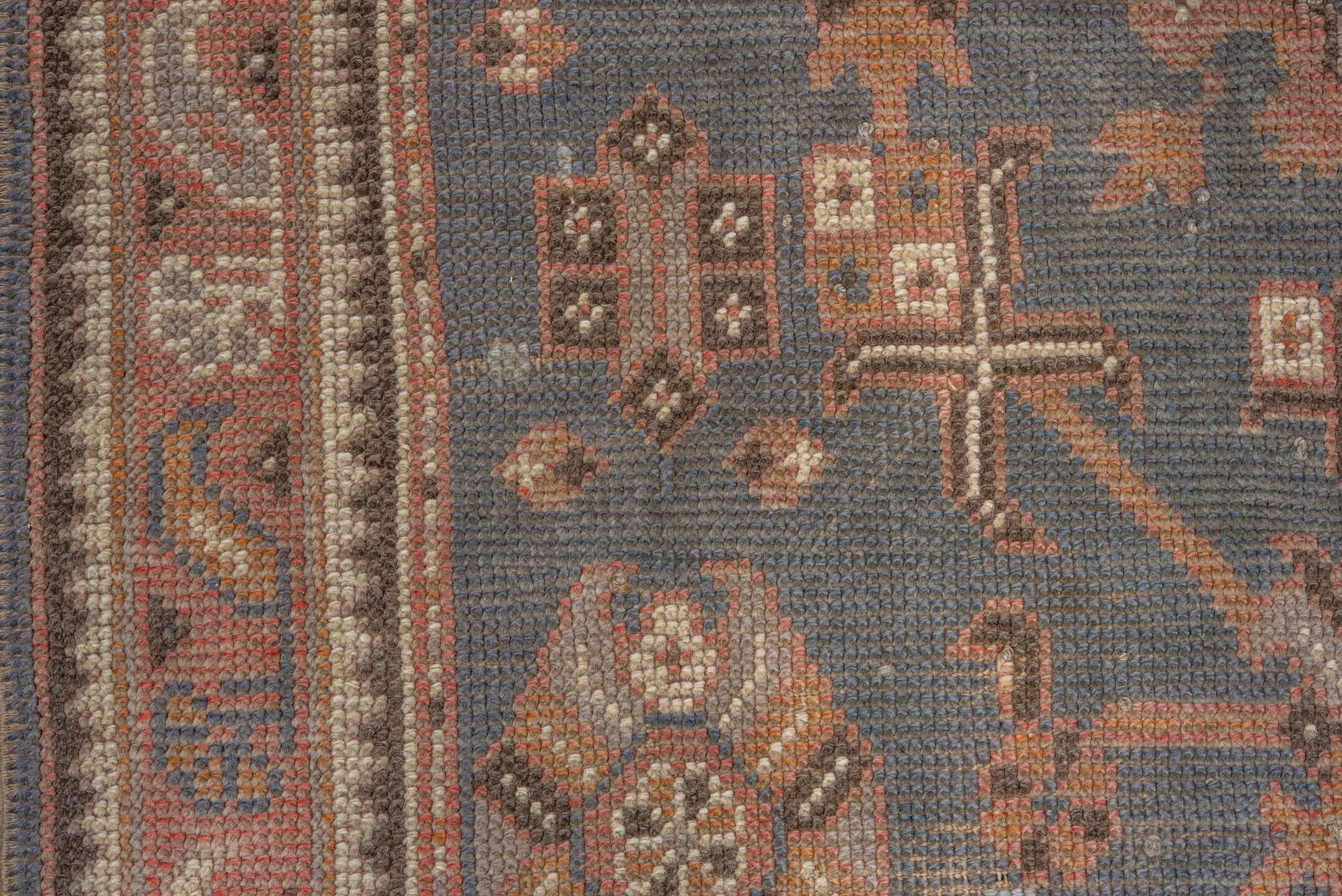 4' x 7' one-of-a-kind handmade antique Oushak rug. Color palette: slate, terra cotta, taupe, camel, ivory, charcoal, rose