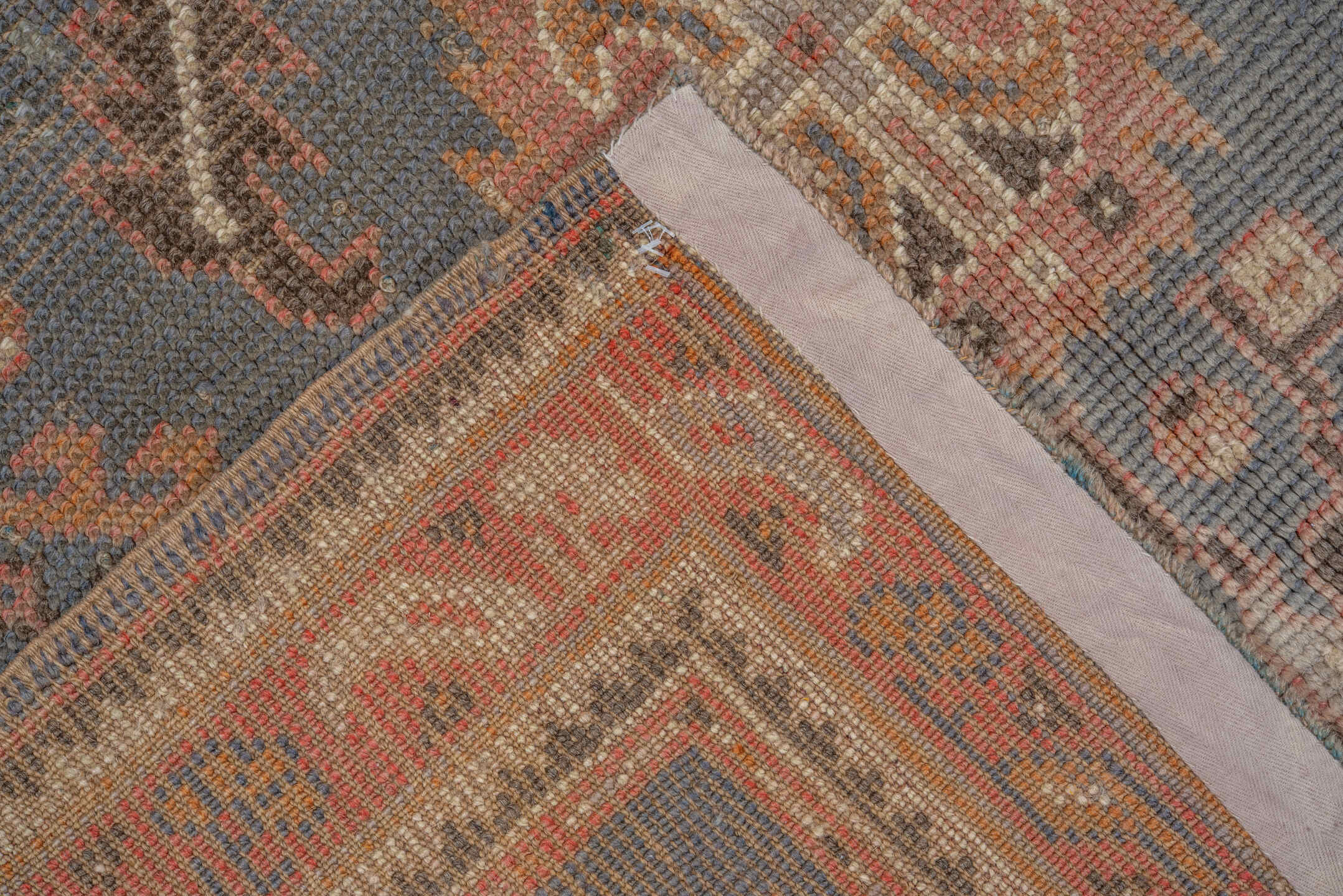 4' x 7' one-of-a-kind handmade antique Oushak rug. Color palette: slate, terra cotta, taupe, camel, ivory, charcoal, rose