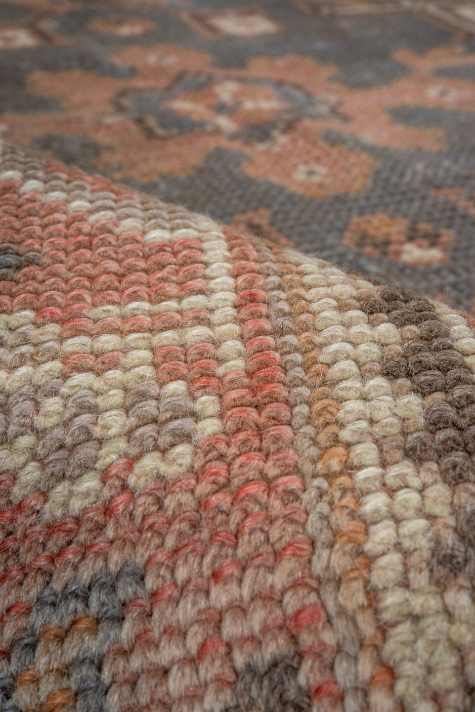 4' x 7' one-of-a-kind handmade antique Oushak rug. Color palette: slate, terra cotta, taupe, camel, ivory, charcoal, rose