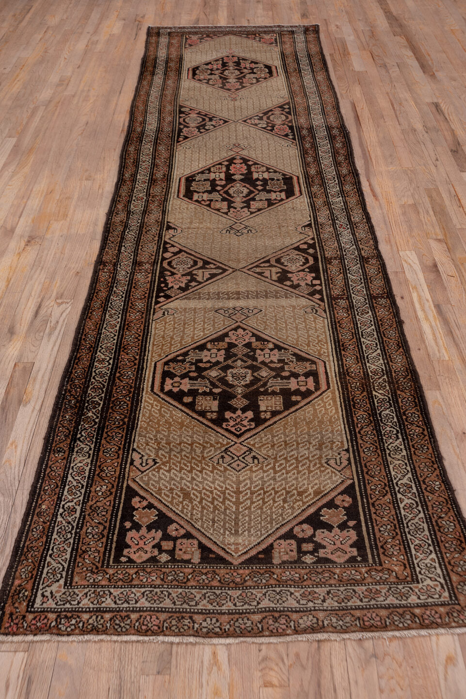3' x 10' one-of-a-kind handmade vintage Kilim runner rug. Color palette: camel, brown, ivory, rust, taupe, charcoal, beige