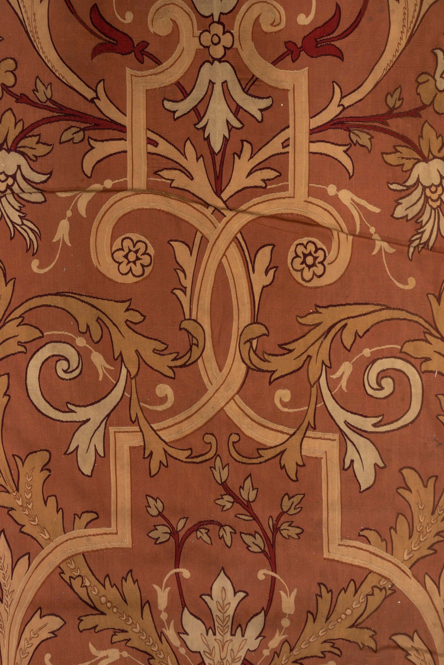 5' x 10' one-of-a-kind handmade antique Aubusson runner rug. Color palette: rose, ivory, burgundy, terra cotta, taupe, camel