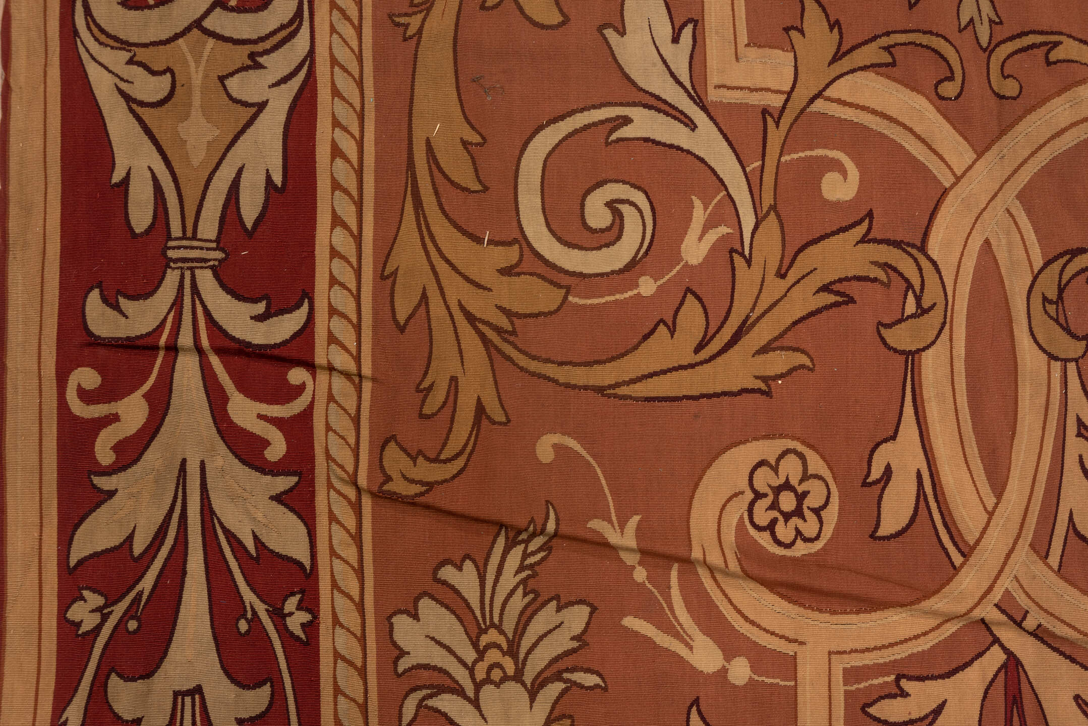 5' x 10' one-of-a-kind handmade antique Aubusson runner rug. Color palette: rose, terra cotta, ivory, burgundy, taupe, camel
