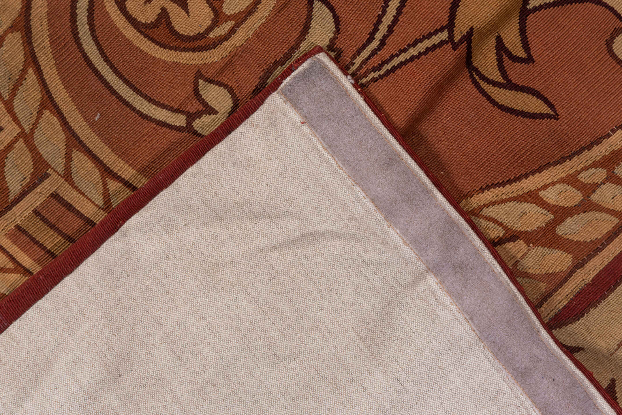 5' x 10' one-of-a-kind handmade vintage Aubusson runner rug. Color palette: brown, gray, pink, red