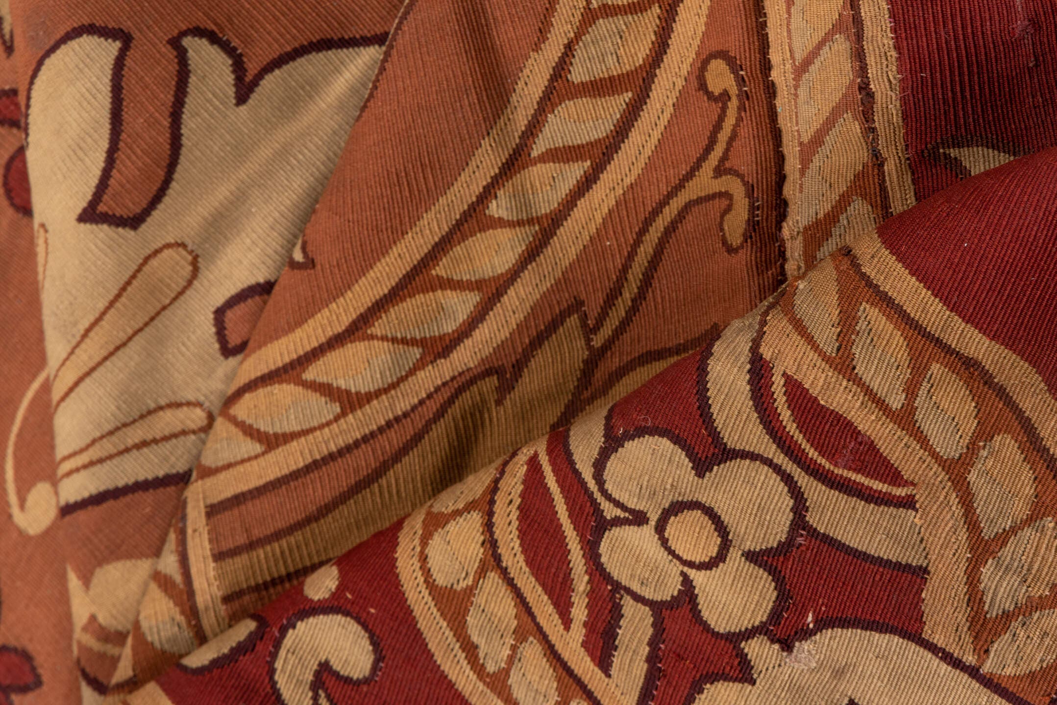 5' x 10' one-of-a-kind handmade antique Aubusson runner rug. Color palette: rose, ivory, burgundy, terra cotta, taupe, camel