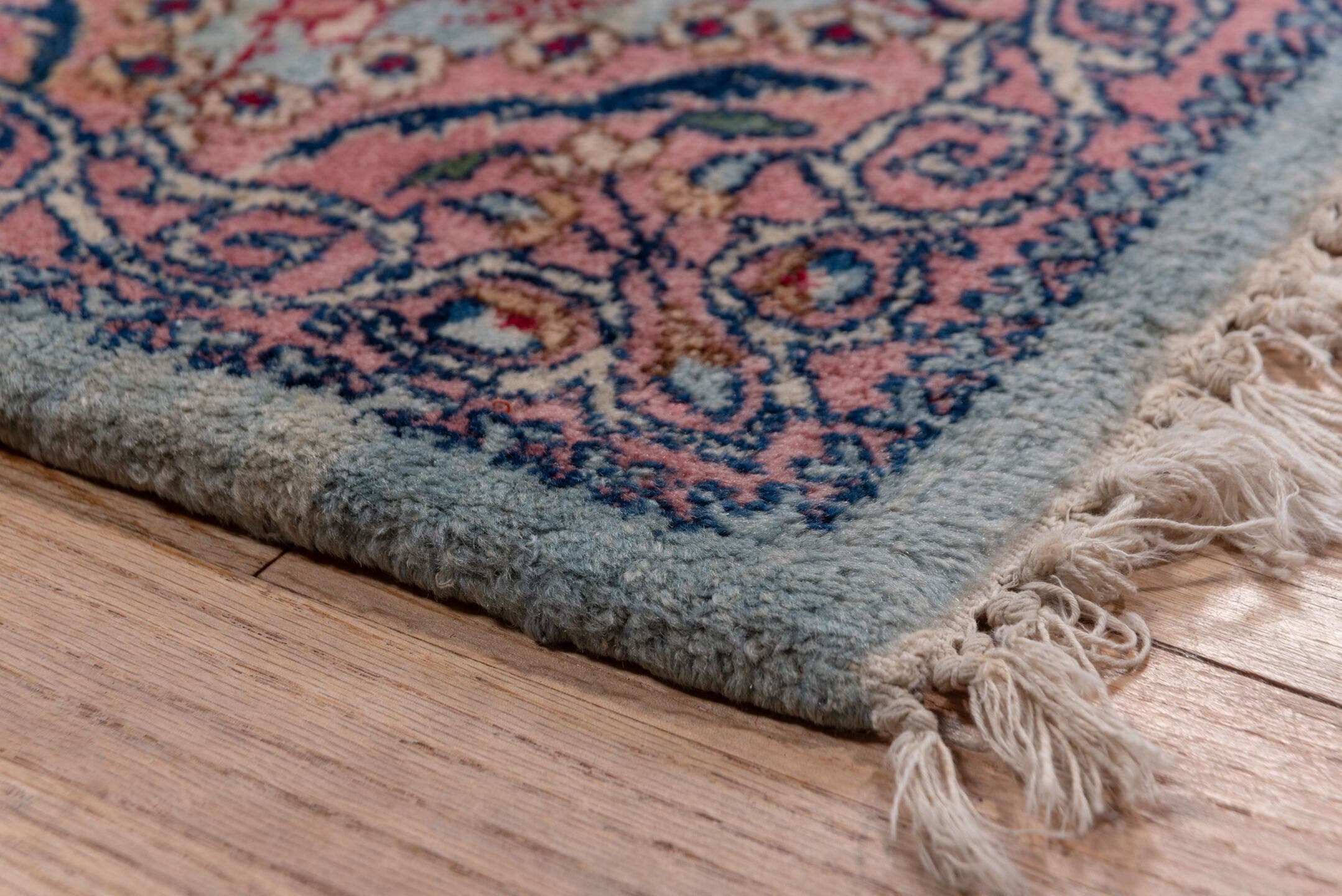 9' x 10' one-of-a-kind handmade antique Kerman large size rug. Color palette: rose, ivory, powder blue, navy, dusty pink