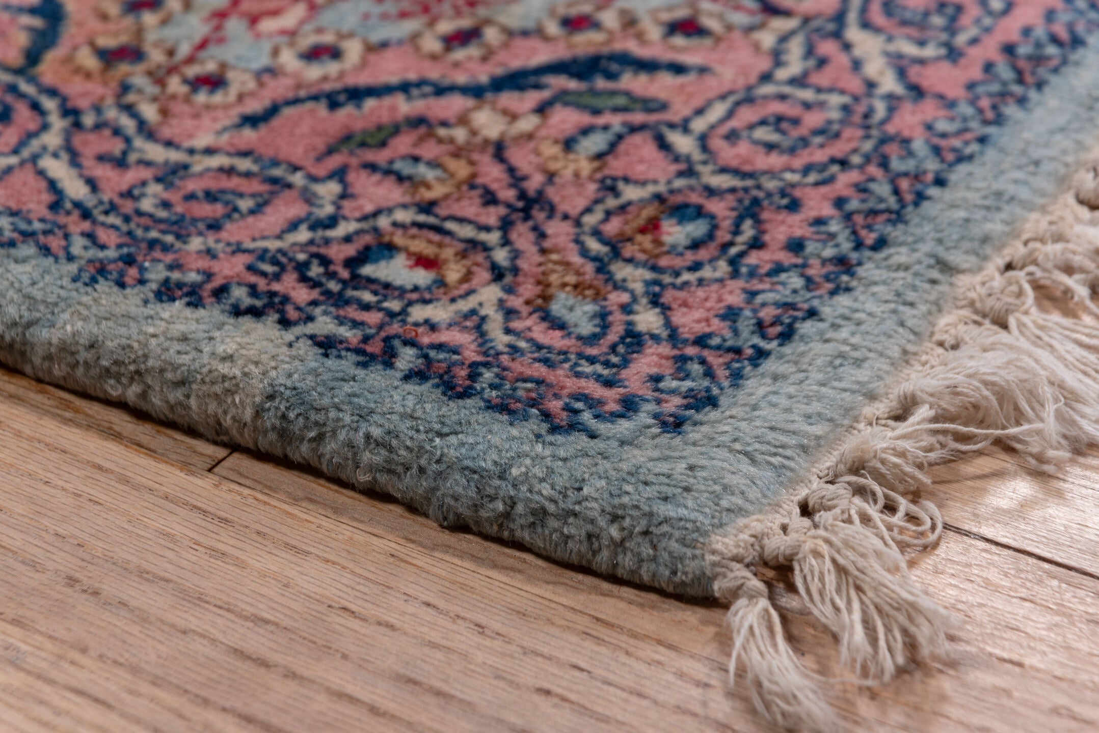 9' x 10' one-of-a-kind handmade antique Kerman large size rug. Color palette: rose, ivory, powder blue, navy, dusty pink