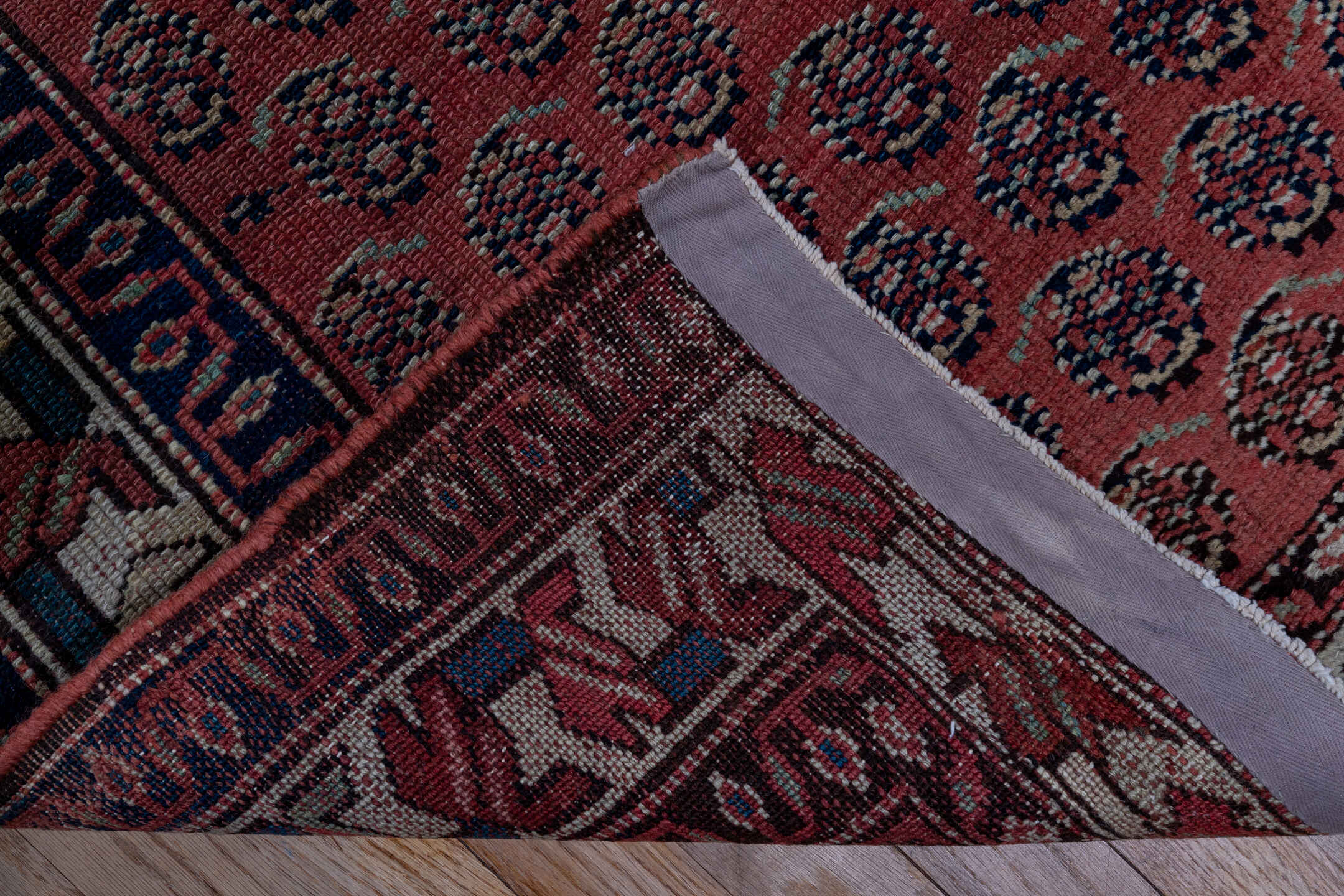 2' x 14' one-of-a-kind handmade antique Saraband runner rug. Color palette: rust, navy, ivory, camel, burgundy, charcoal