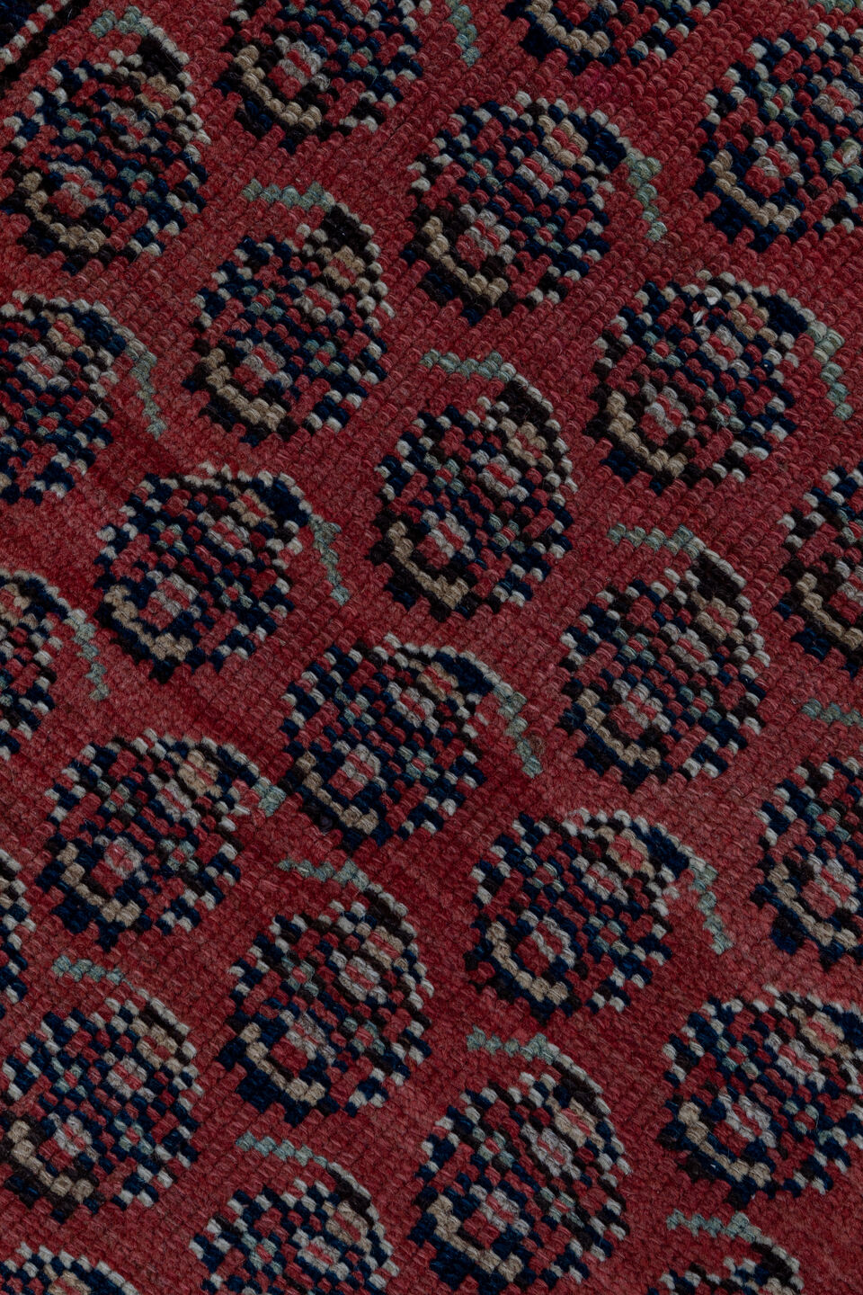 2' x 14' one-of-a-kind handmade vintage Saraband runner rug. Color palette: black, brown, off-white, pink, red, snow, white