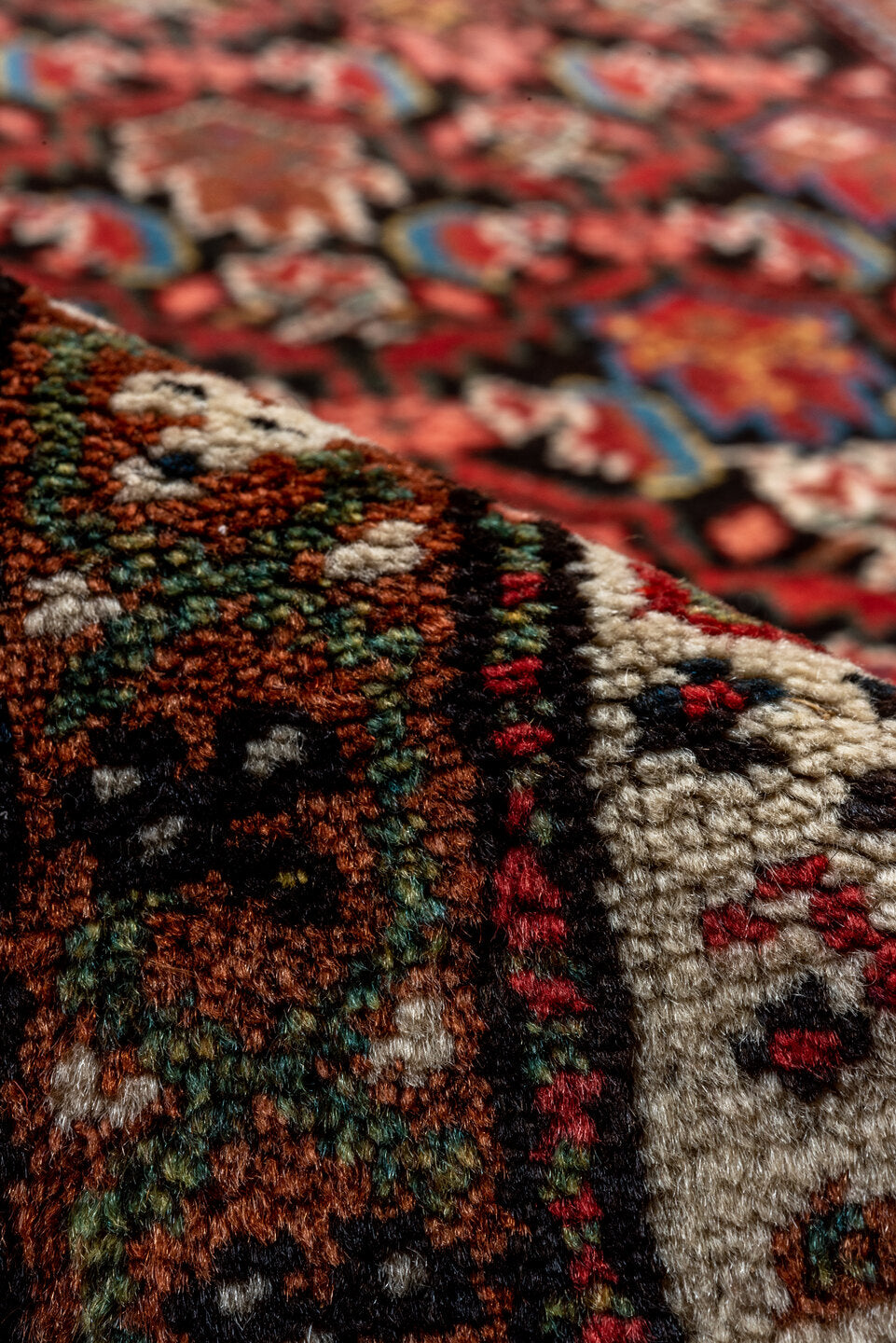 3' x 13' one-of-a-kind handmade vintage Malayer runner rug. Color palette: black, blue, brown, gray, pink, red