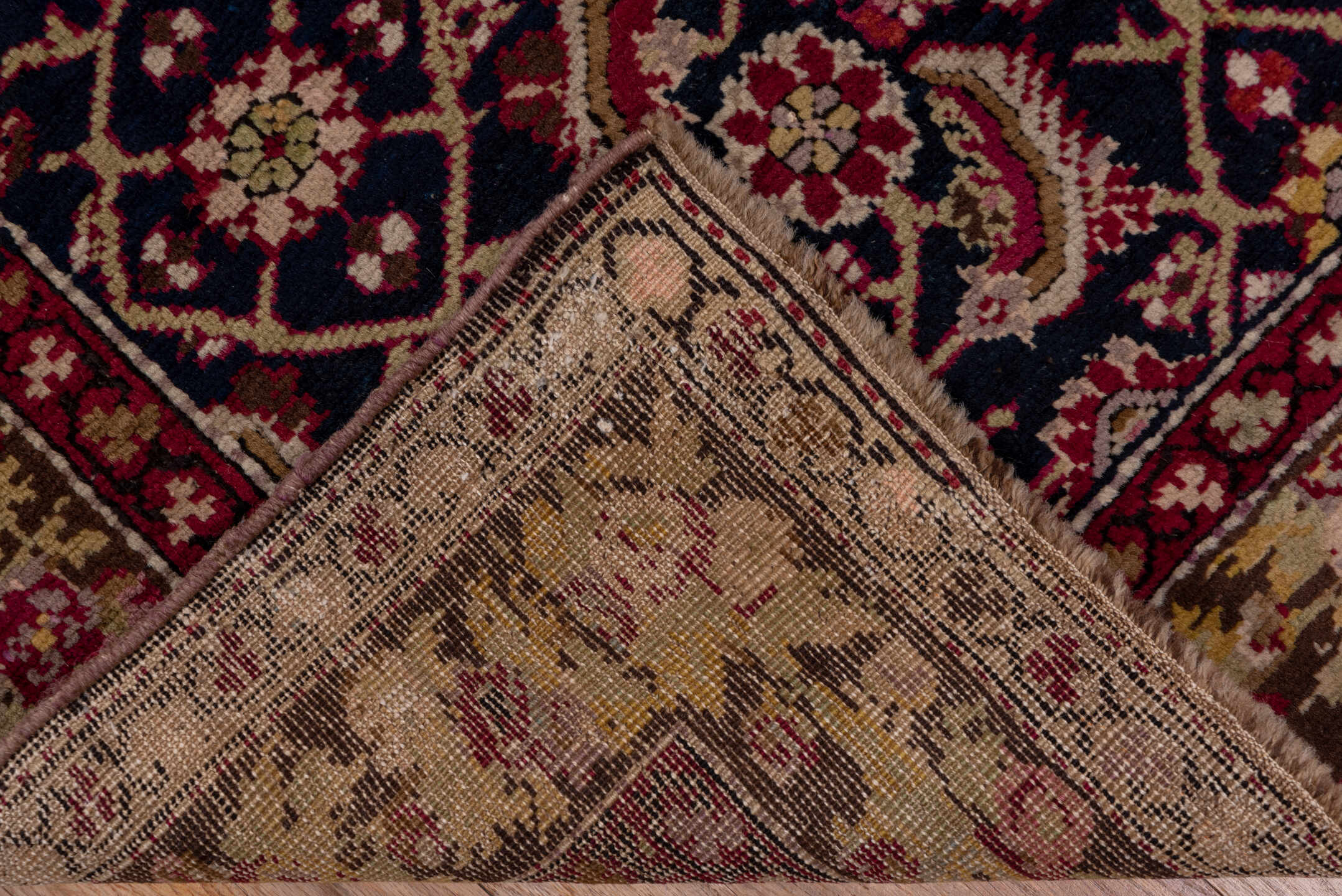 3' x 18' one-of-a-kind handmade antique Karabagh runner rug. Color palette: navy, ivory, burgundy, rose, gold, rust, sage