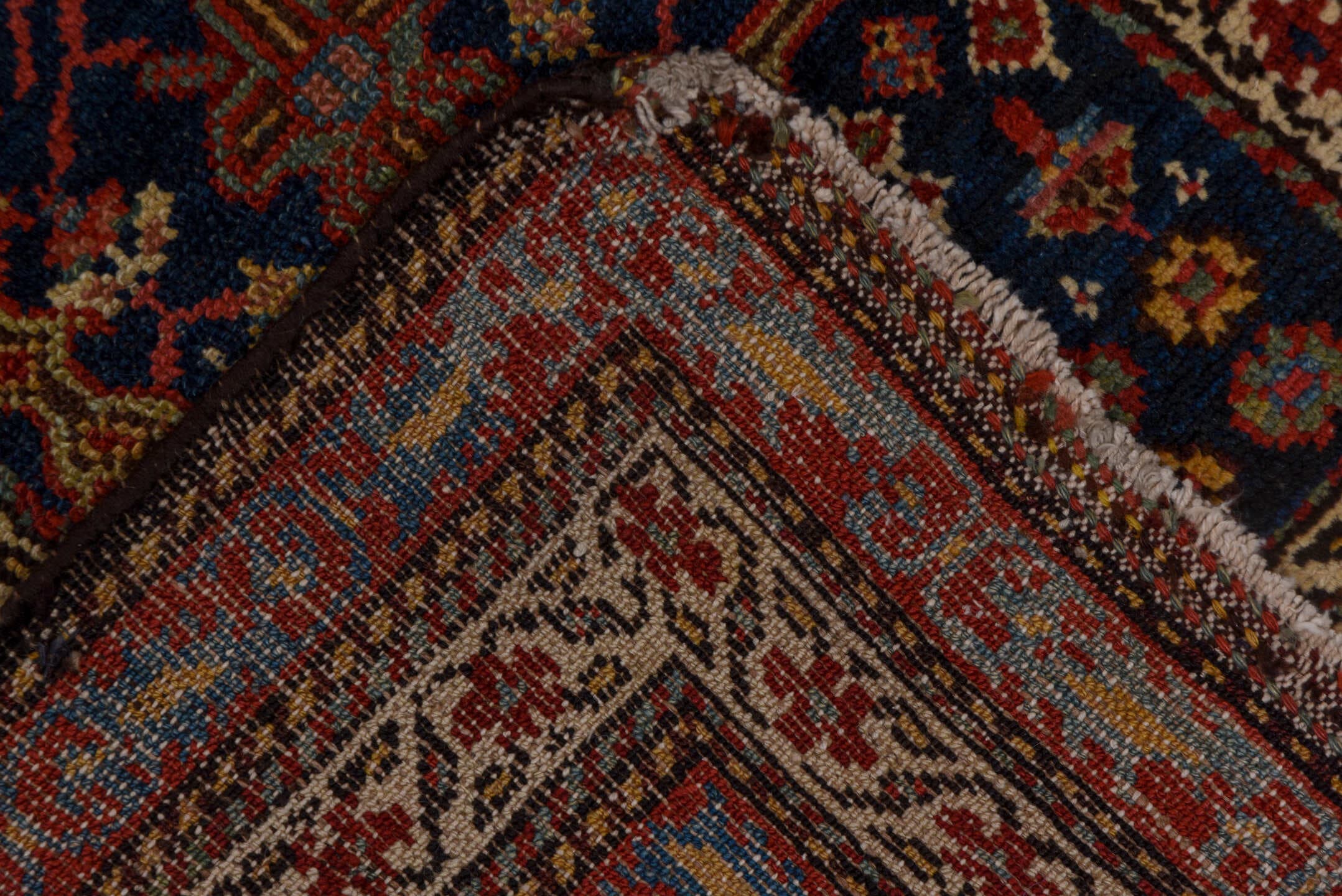 2' x 14' one-of-a-kind handmade antique Malayer runner rug. Color palette: navy, rust, ivory, brick, sky_blue, rose, camel