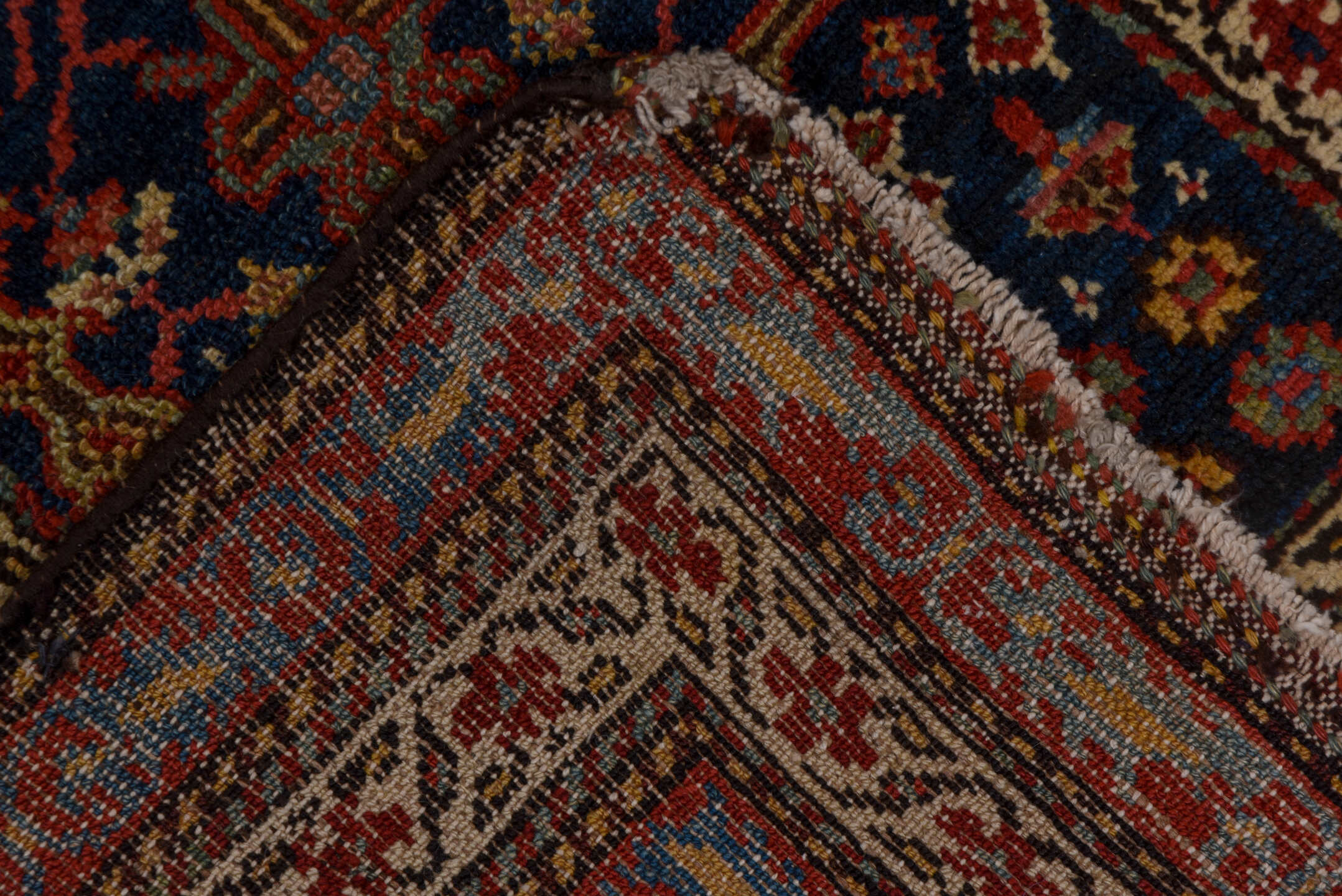 2' x 14' one-of-a-kind handmade antique Malayer runner rug. Color palette: navy, rust, ivory, brick, sky_blue, rose, camel