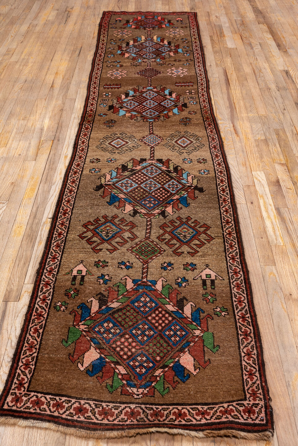 2' x 13' one-of-a-kind handmade antique NW Persian runner rug. Color palette: camel, rust, ivory, indigo, brown, soft blue
