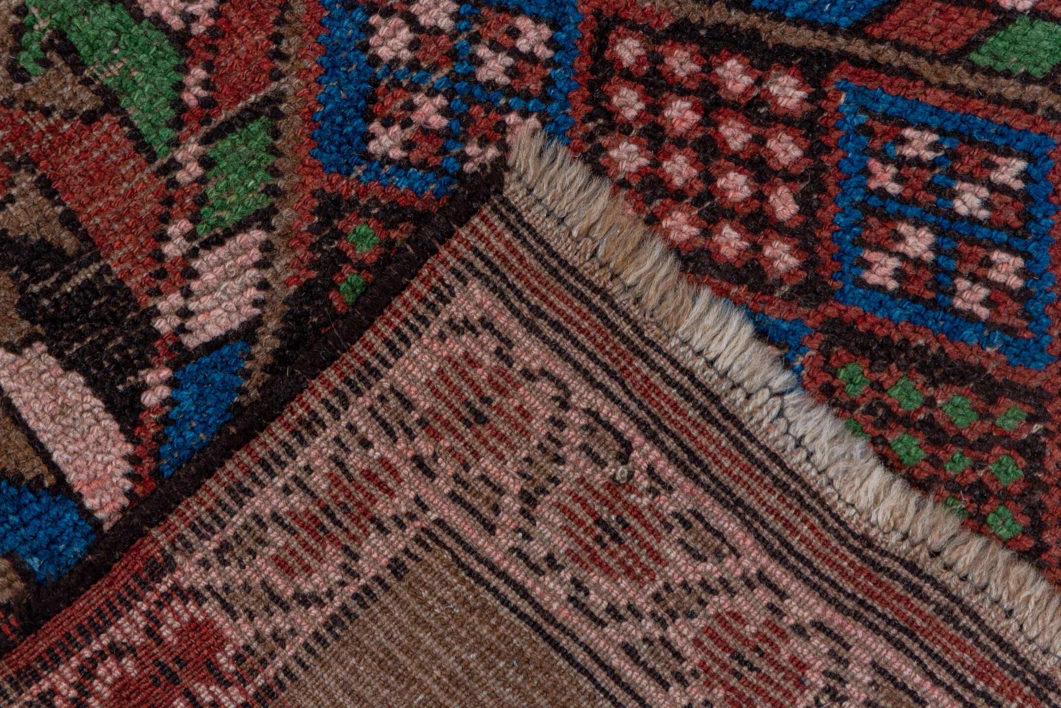 2' x 13' one-of-a-kind handmade vintage NW Persian runner rug. Color palette: blue, brown, fiord, gray, indian red