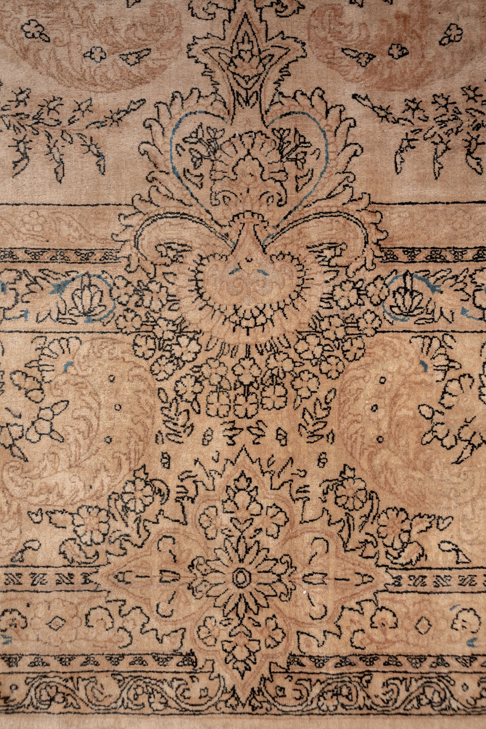 13' x 24' one-of-a-kind handmade vintage Kerman oversize rug. Color palette: brown, gray, light gray, off-white, orange