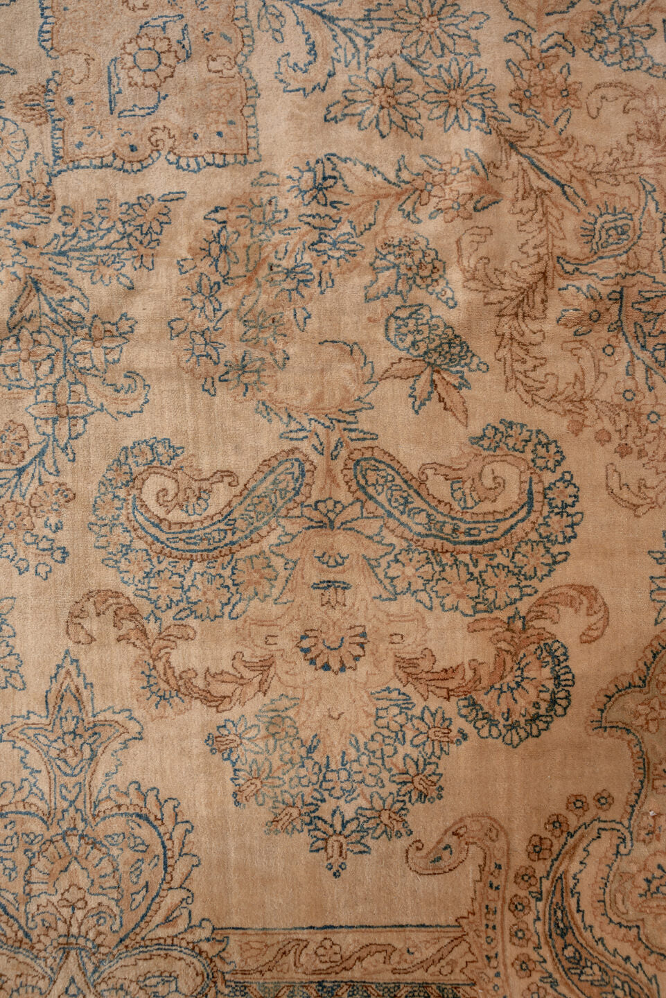 13' x 24' one-of-a-kind handmade vintage Kerman oversize rug. Color palette: brown, gray, light gray, off-white, orange