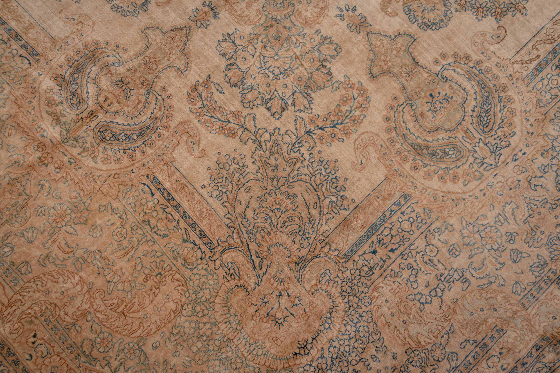 13' x 24' one-of-a-kind handmade vintage Kerman oversize rug. Color palette: brown, gray, light gray, off-white, orange