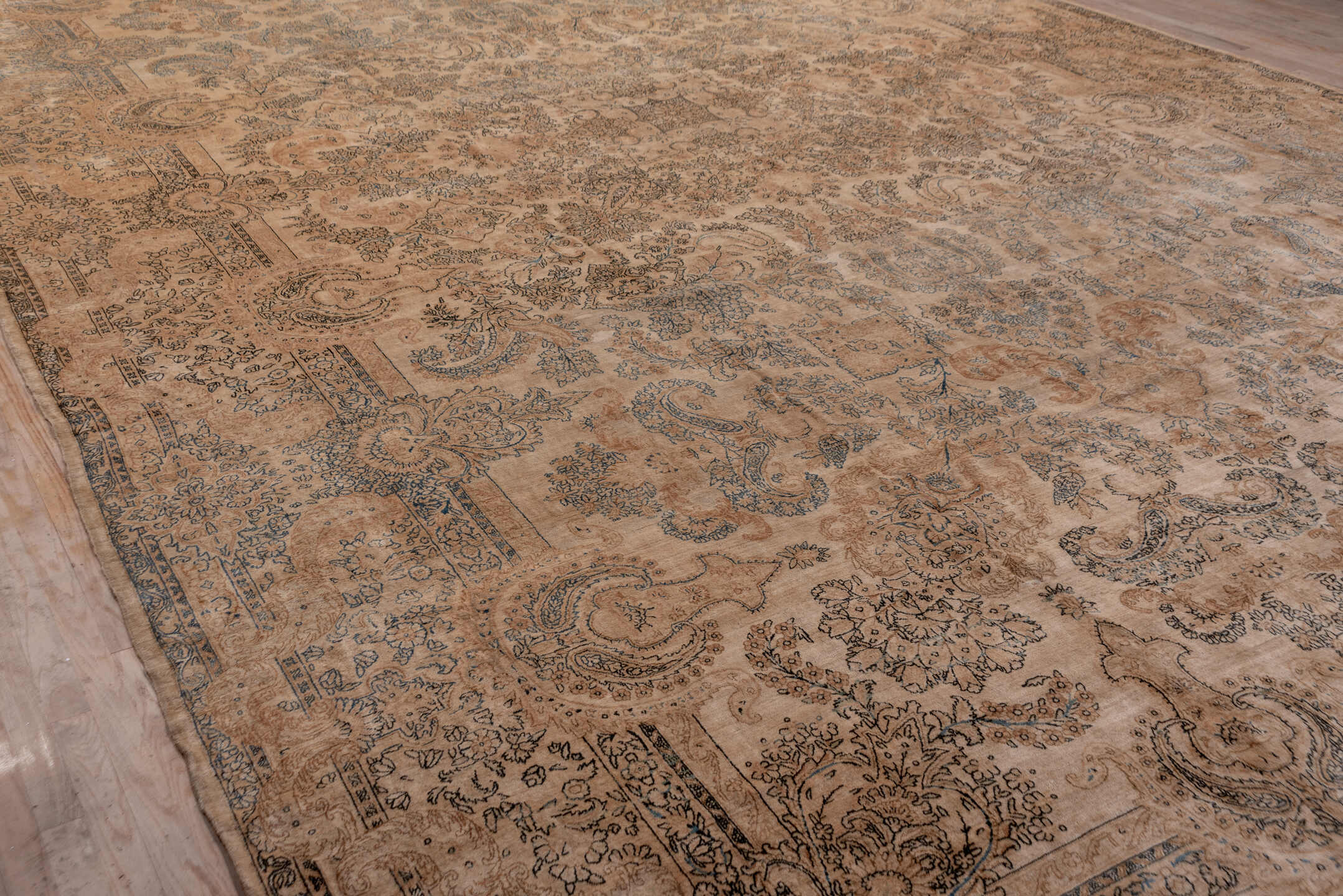 13' x 24' one-of-a-kind handmade vintage Kerman oversize rug. Color palette: brown, gray, light gray, off-white, orange