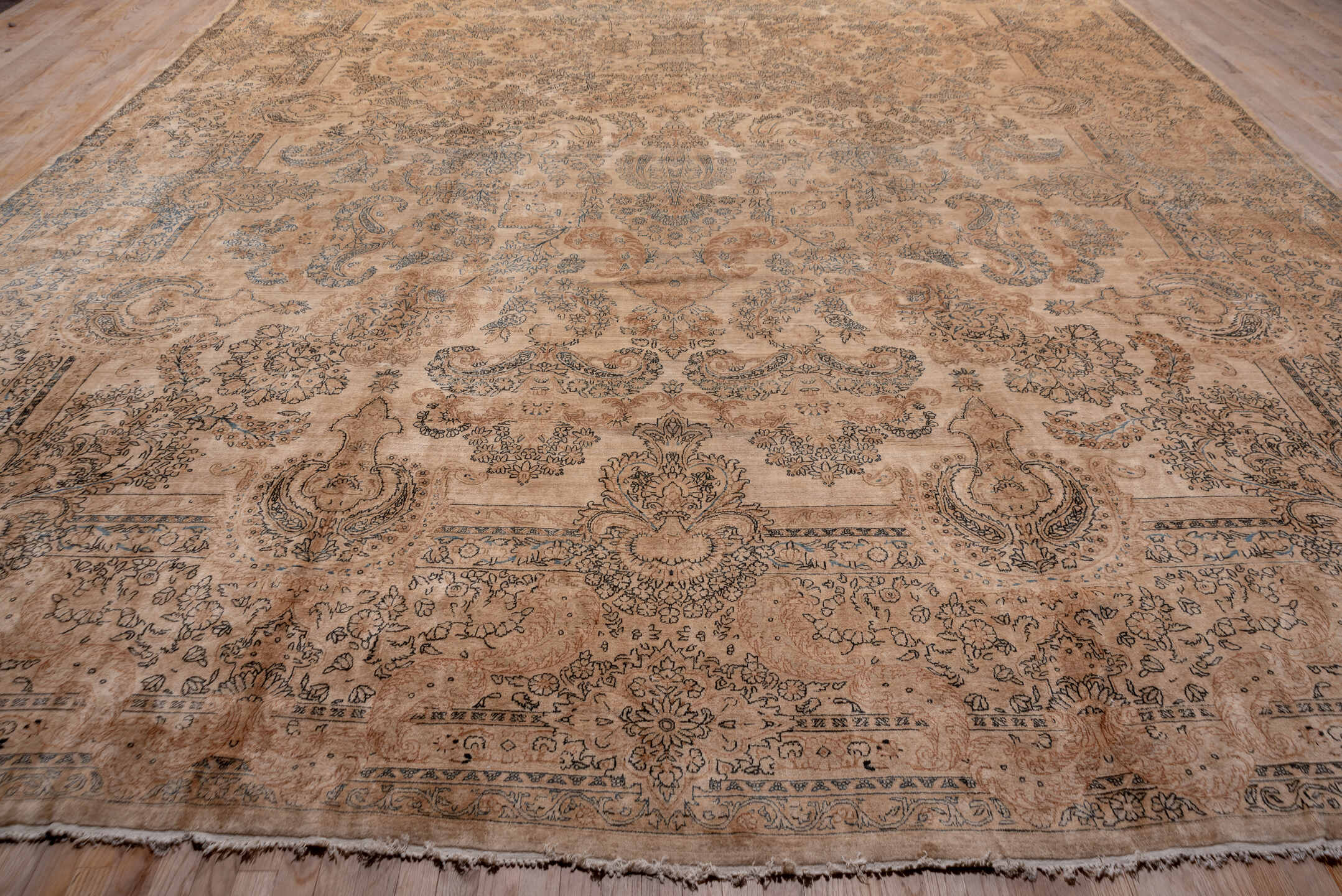 13' x 24' one-of-a-kind handmade vintage Kerman oversize rug. Color palette: brown, gray, light gray, off-white, orange
