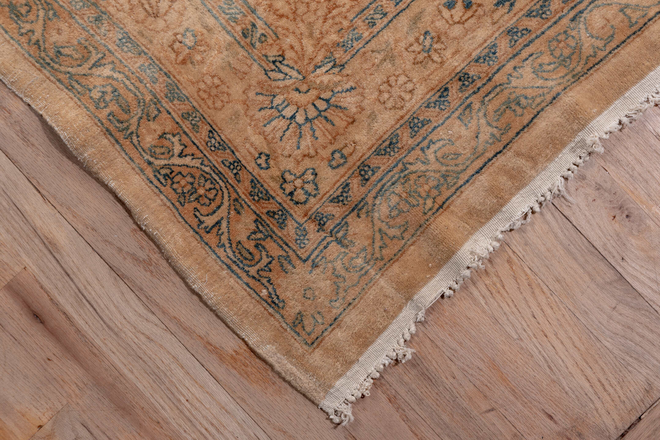 13' x 24' one-of-a-kind handmade vintage Kerman oversize rug. Color palette: brown, gray, light gray, off-white, orange