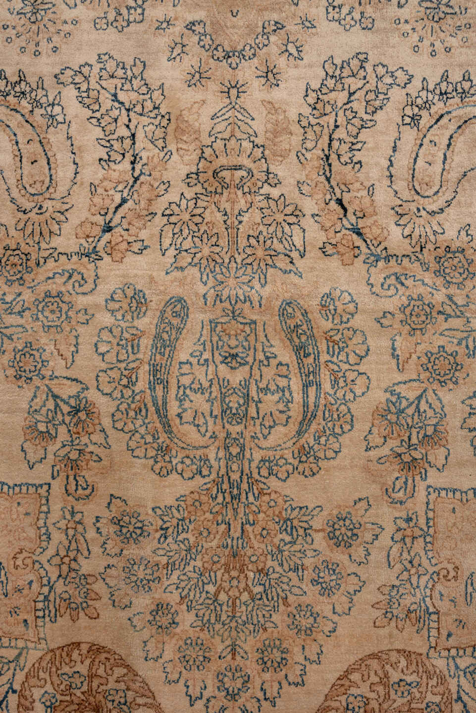 13' x 24' one-of-a-kind handmade vintage Kerman oversize rug. Color palette: brown, gray, light gray, off-white, orange