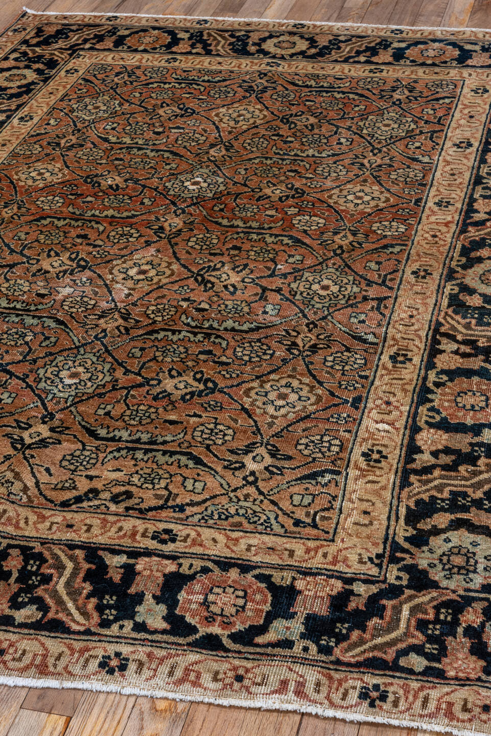 4' x 6' one-of-a-kind handmade antique Tabriz small size rug. Color palette: camel, ivory, navy, taupe, slate, rose, brown