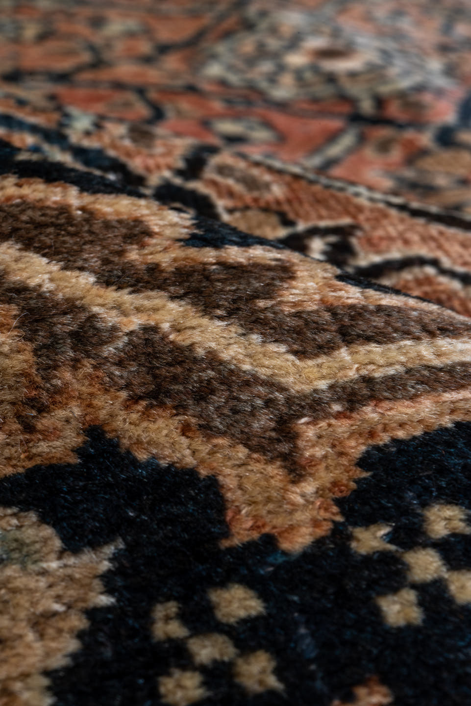 4' x 6' one-of-a-kind handmade antique Tabriz small size rug. Color palette: camel, ivory, navy, taupe, slate, rose, brown