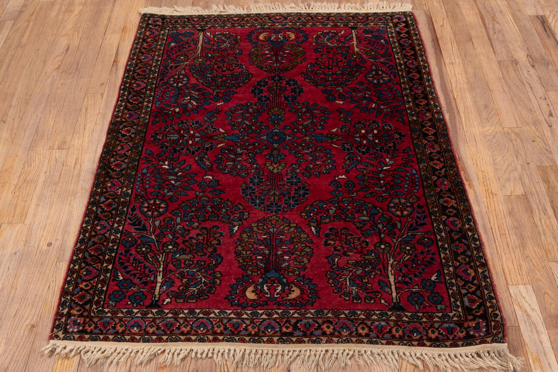 3' x 4' one-of-a-kind handmade vintage Sarouk small size rug. Color palette: crimson, navy, ivory, rose, camel, charcoal