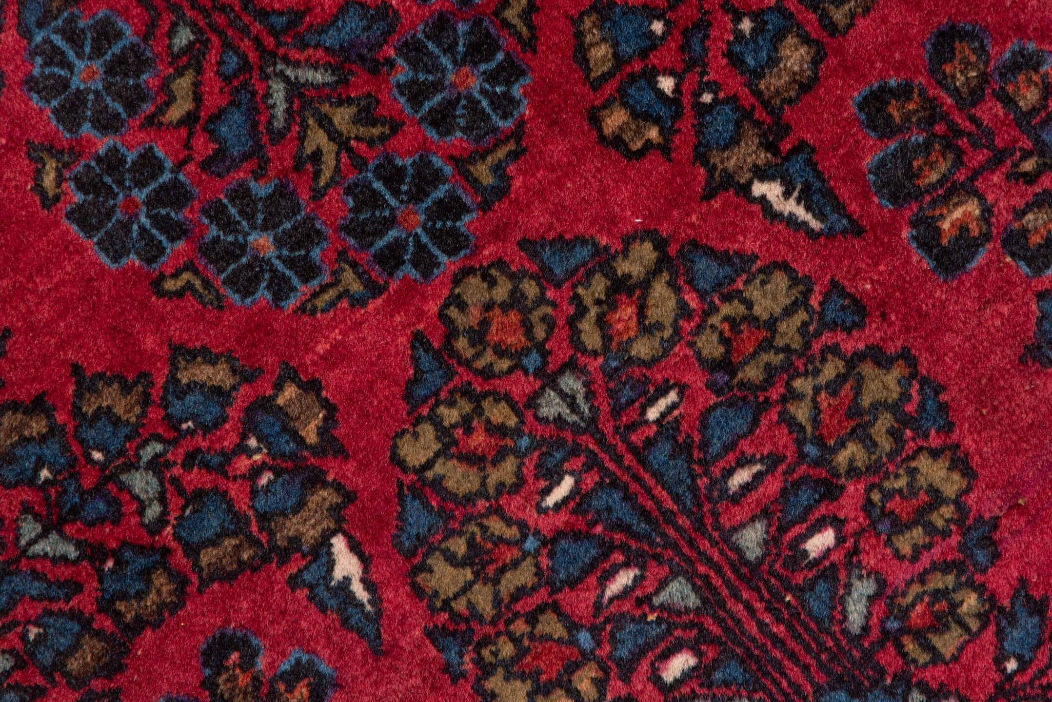 3' x 4' one-of-a-kind handmade vintage Sarouk small size rug. Color palette: crimson, navy, ivory, rose, camel, charcoal