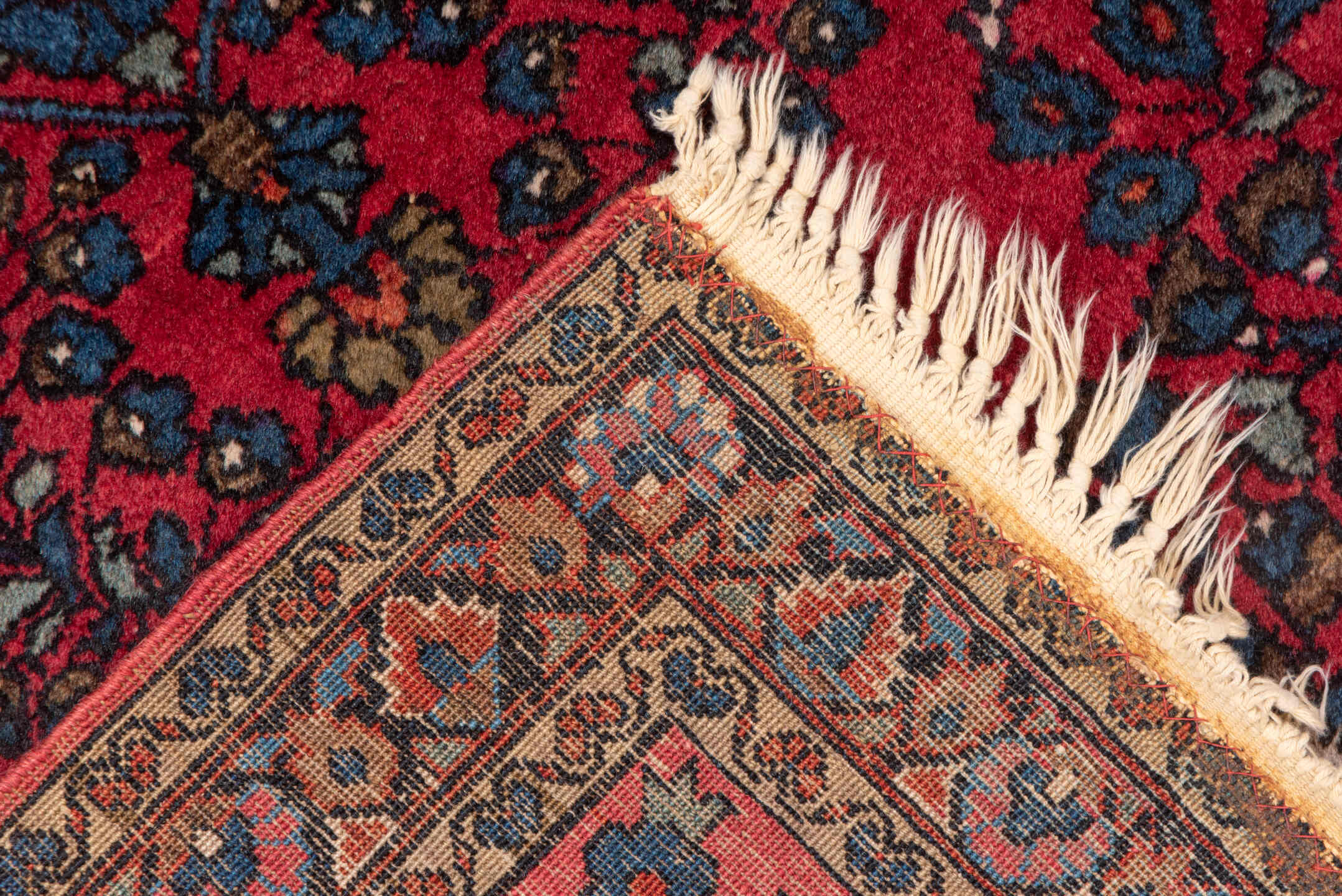 3' x 4' one-of-a-kind handmade vintage Sarouk small size rug. Color palette: crimson, navy, ivory, rose, camel, charcoal