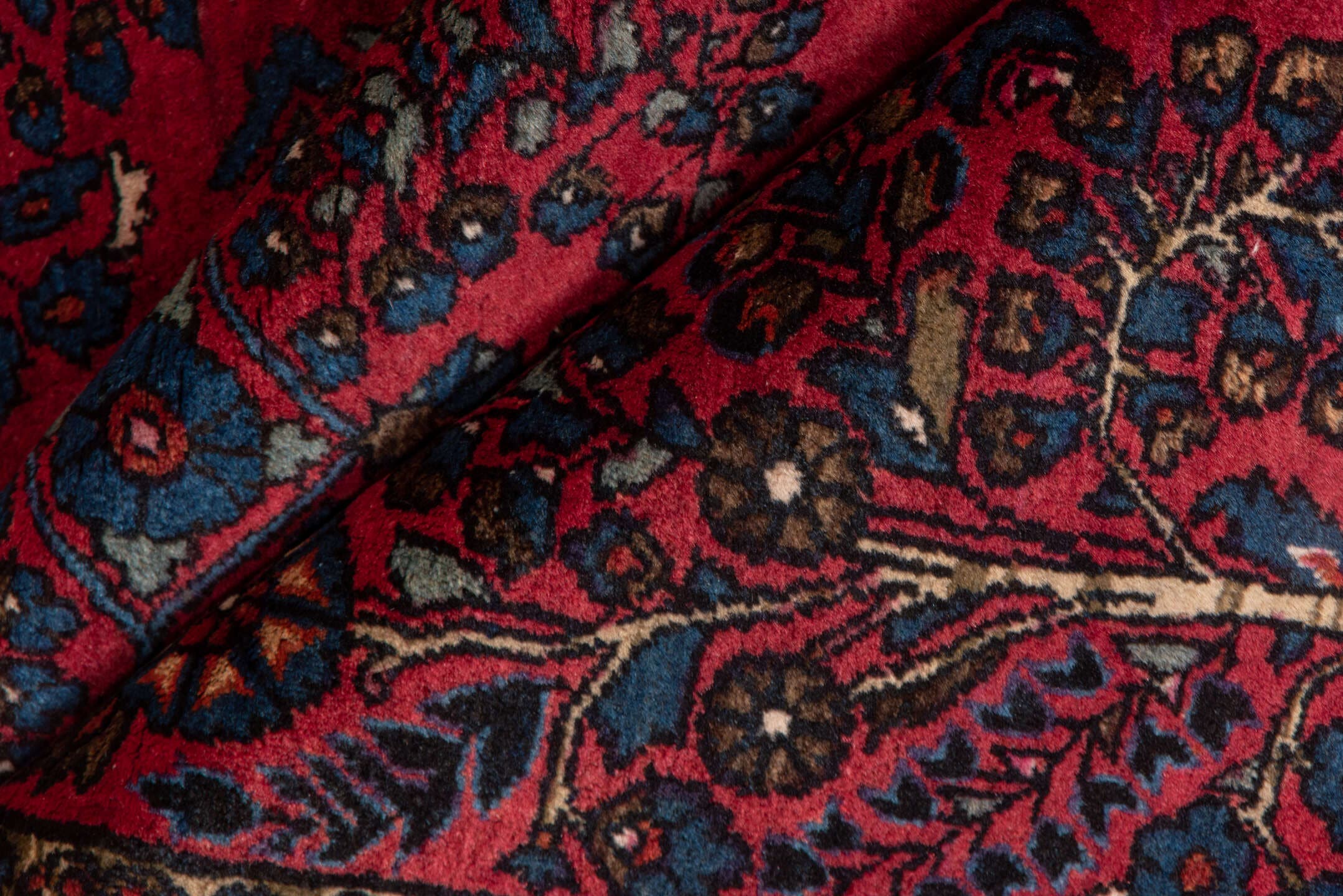 3' x 4' one-of-a-kind handmade vintage Sarouk small size rug. Color palette: crimson, navy, ivory, rose, camel, charcoal