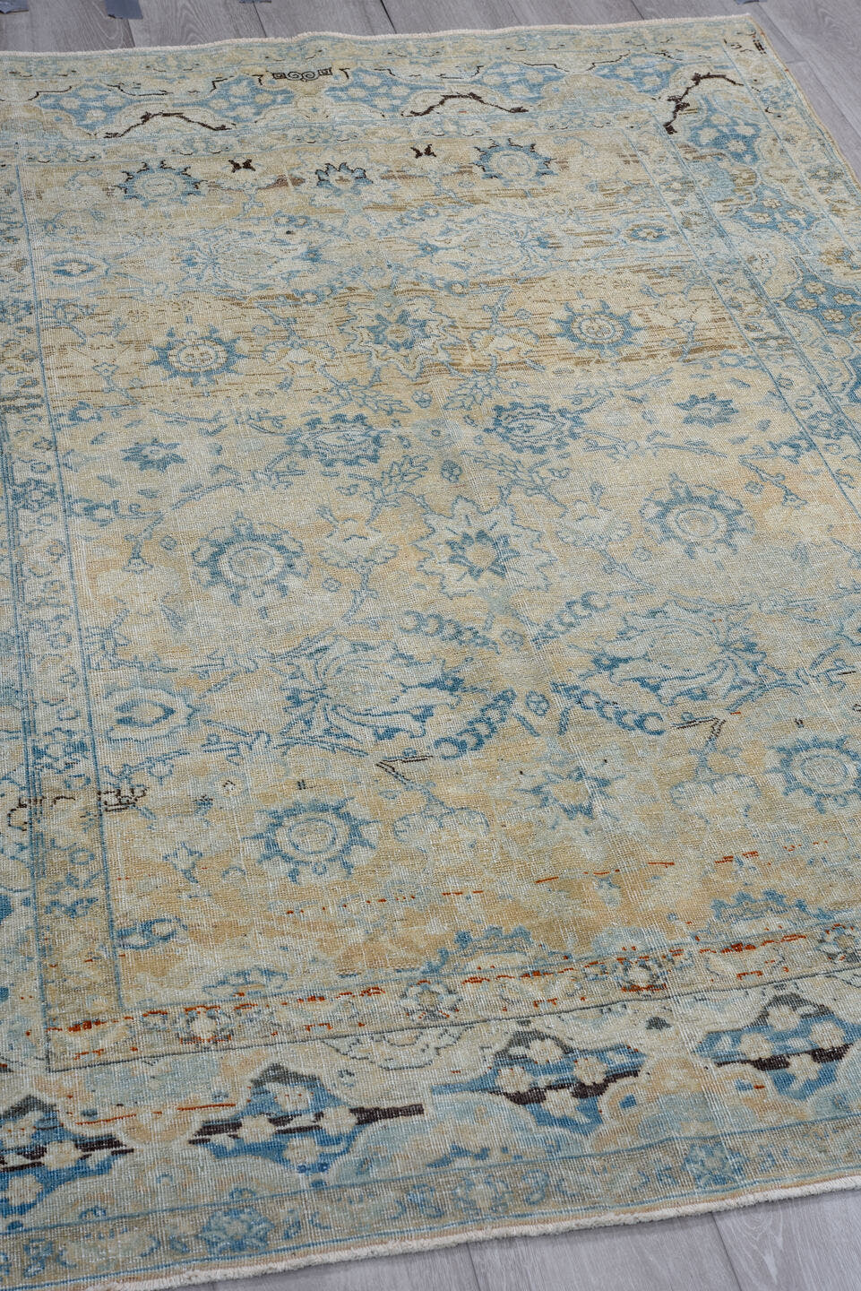 4' x 6' one-of-a-kind handmade antique Tabriz small size rug. Color palette: ivory, sky blue, beige, taupe, slate, camel