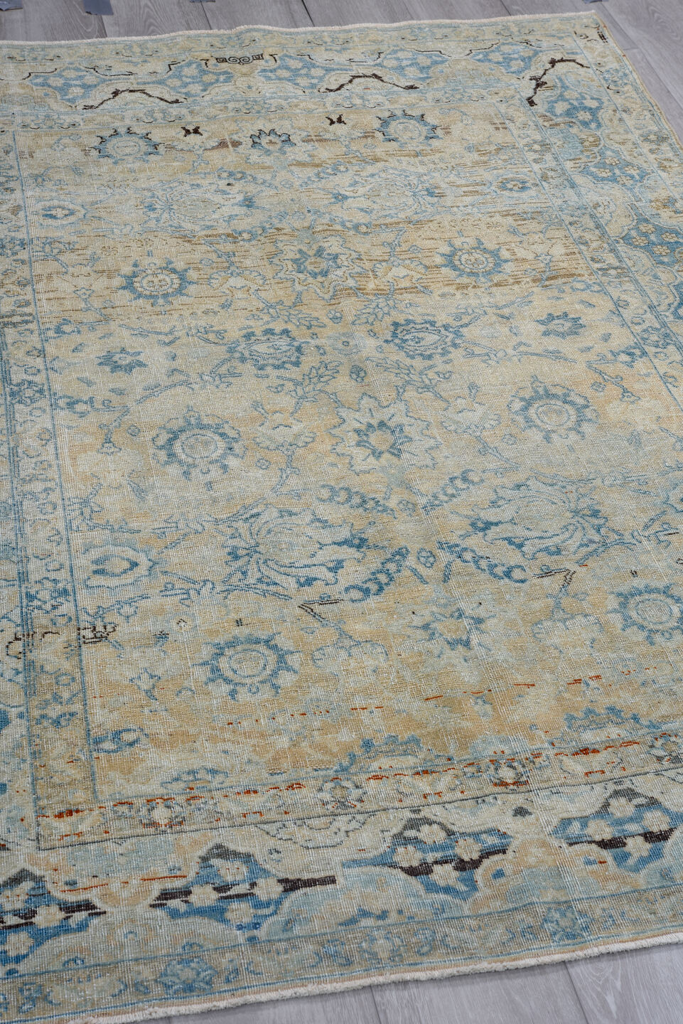 4' x 6' one-of-a-kind handmade antique Tabriz small size rug. Color palette: ivory, sky blue, beige, taupe, slate, camel