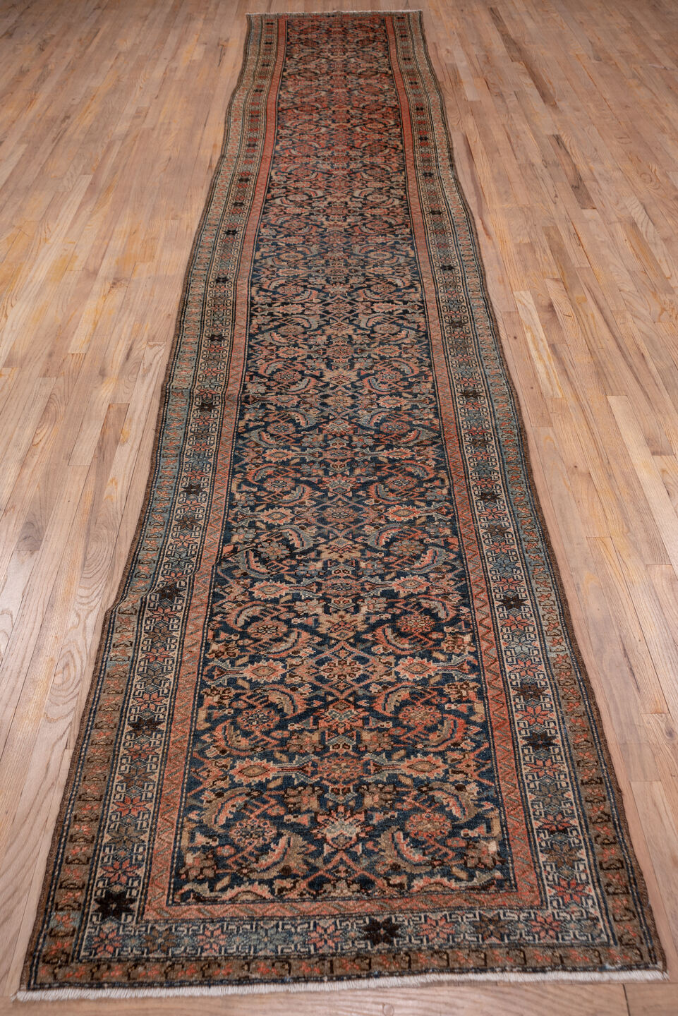3' x 17' one-of-a-kind handmade antique Malayer runner rug. Color palette: navy, rust, ivory, slate, taupe, camel, blue