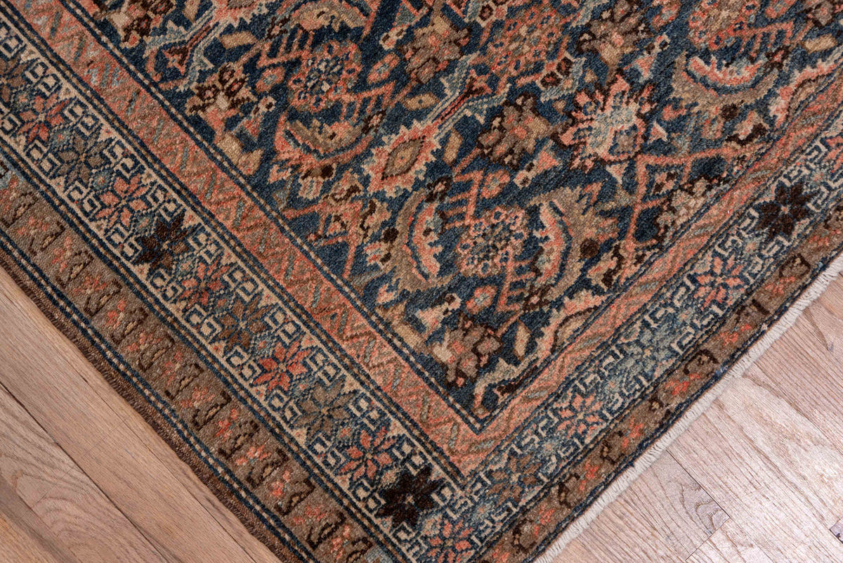 3' x 17' one-of-a-kind handmade antique Malayer runner rug. Color palette: navy, rust, ivory, slate, taupe, camel, blue