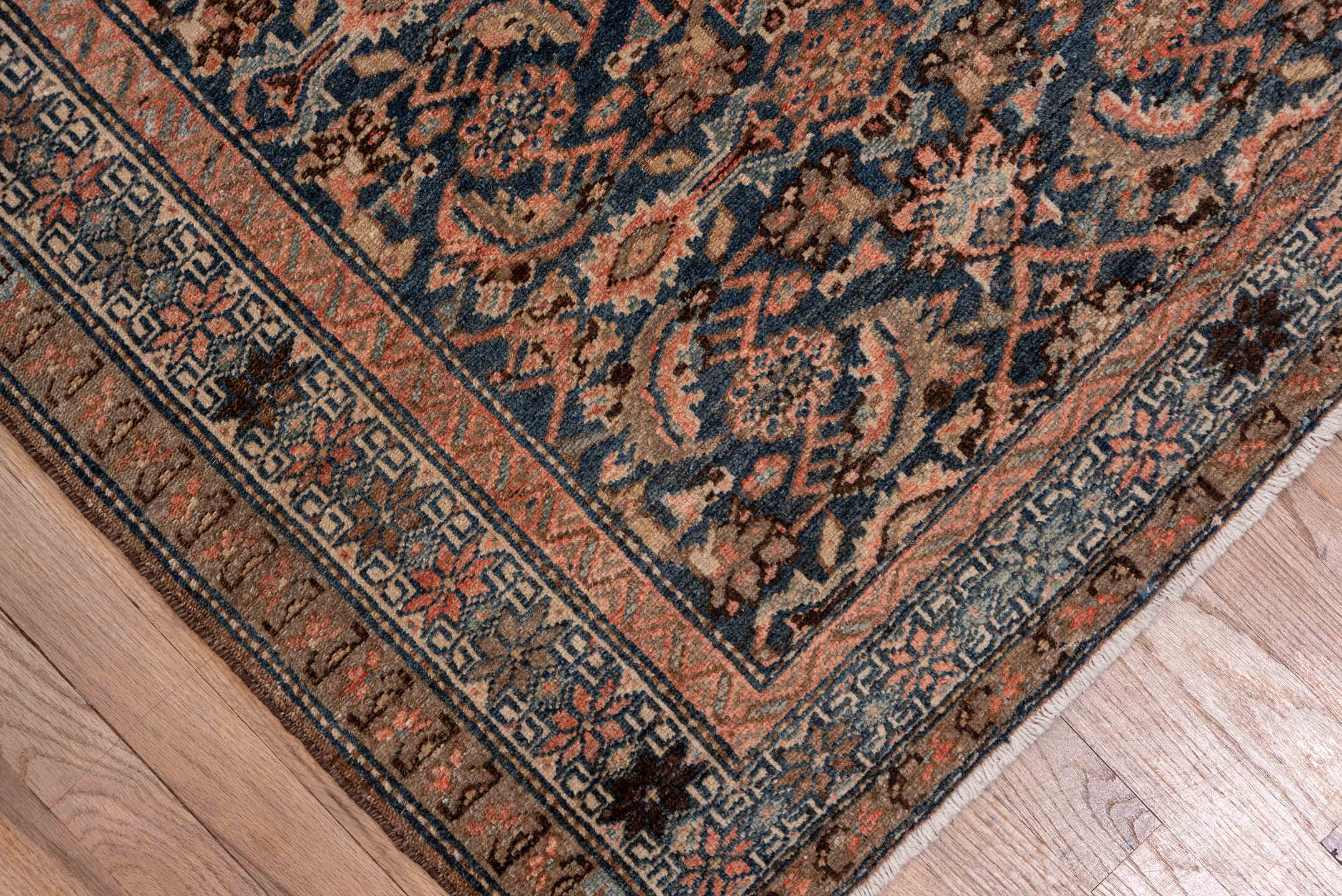 3' x 17' one-of-a-kind handmade antique Malayer runner rug. Color palette: navy, rust, ivory, slate, taupe, camel, blue