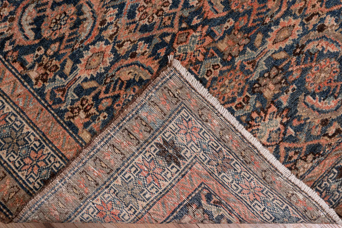 3' x 17' one-of-a-kind handmade antique Malayer runner rug. Color palette: navy, rust, ivory, slate, taupe, camel, blue