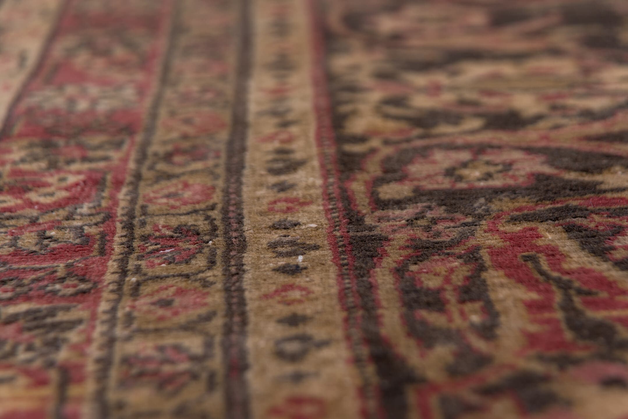 9' x 12' one-of-a-kind handmade antique Sivas large size rug. Color palette: rose, ivory, navy, burgundy, taupe, gold, camel