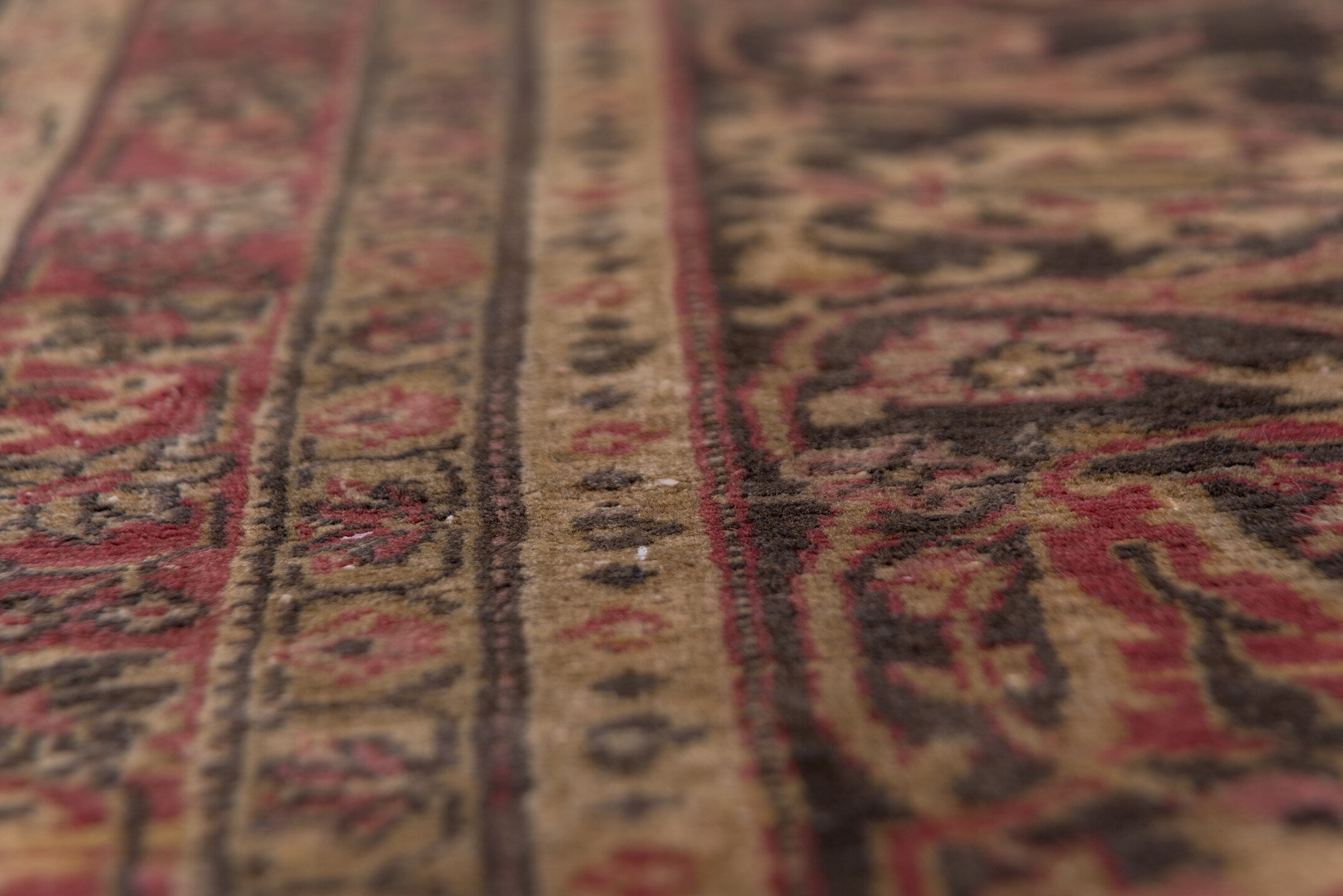 9' x 12' one-of-a-kind handmade antique Sivas large size rug. Color palette: rose, ivory, navy, burgundy, taupe, gold, camel