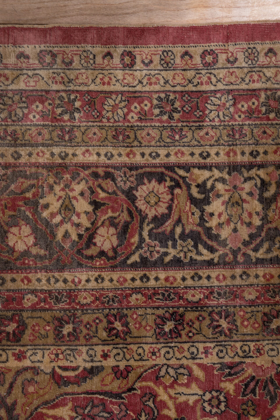 9' x 12' one-of-a-kind handmade antique Sivas large size rug. Color palette: rose, ivory, navy, burgundy, taupe, gold, camel