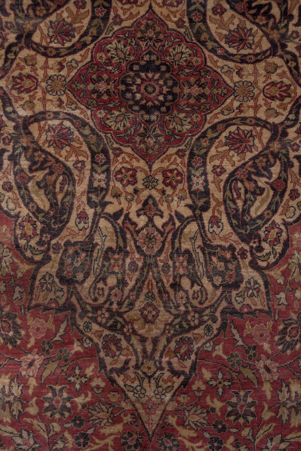 9' x 12' one-of-a-kind handmade antique Sivas large size rug. Color palette: rose, ivory, navy, burgundy, taupe, gold, camel