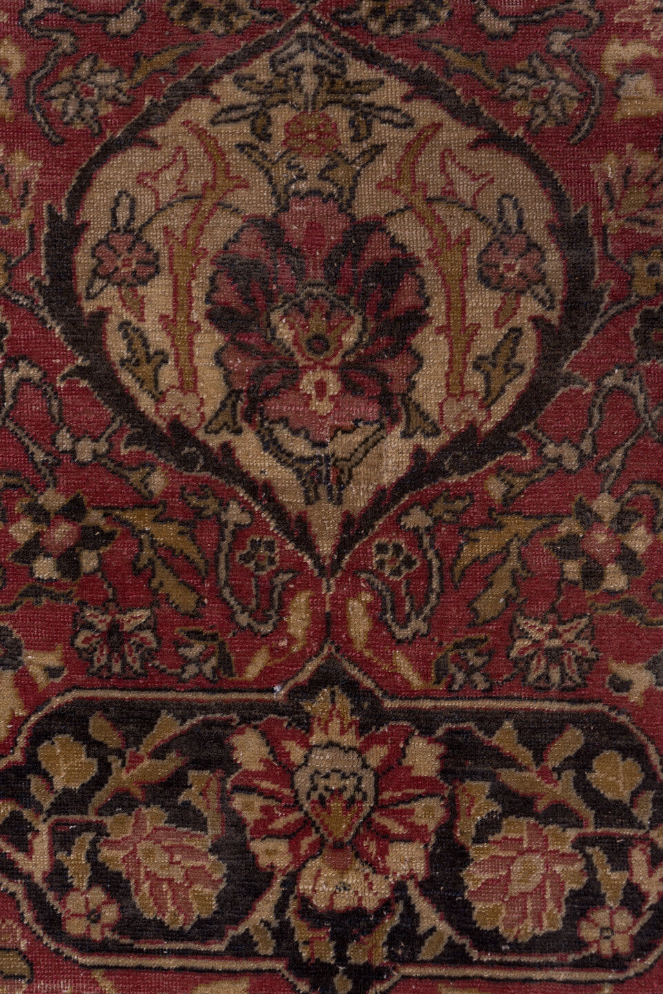 9' x 12' one-of-a-kind handmade antique Sivas large size rug. Color palette: rose, ivory, navy, burgundy, taupe, gold, camel